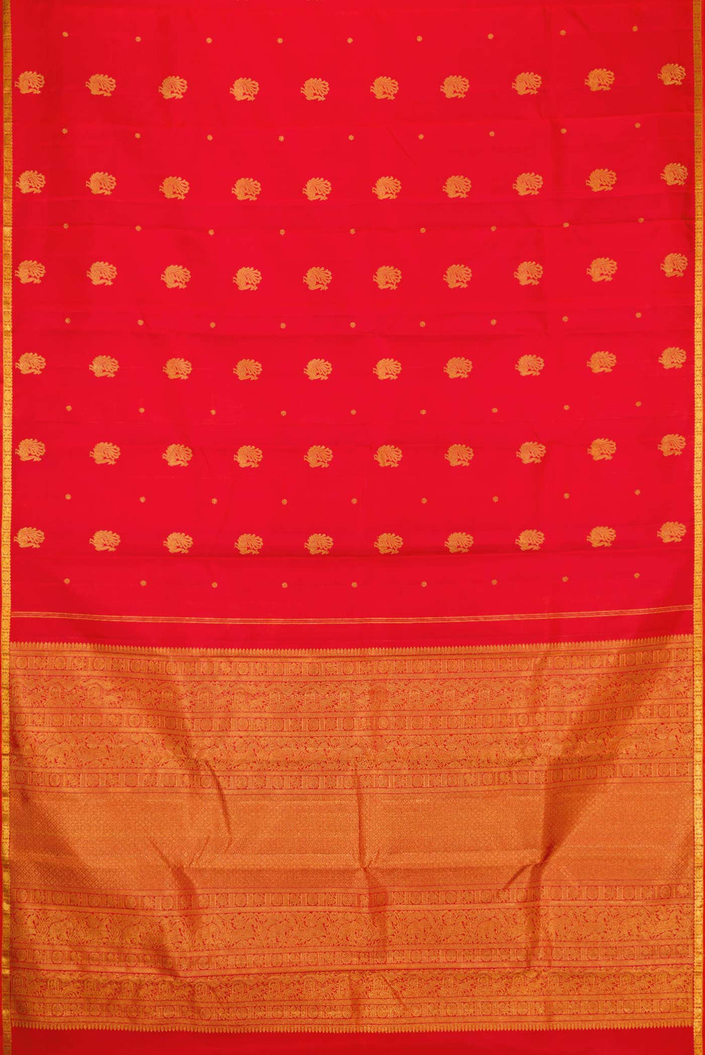 Flat view of Orange Dual Tone Kanjivaram Silk Saree with Zari Butta on the body and Zari Border. 