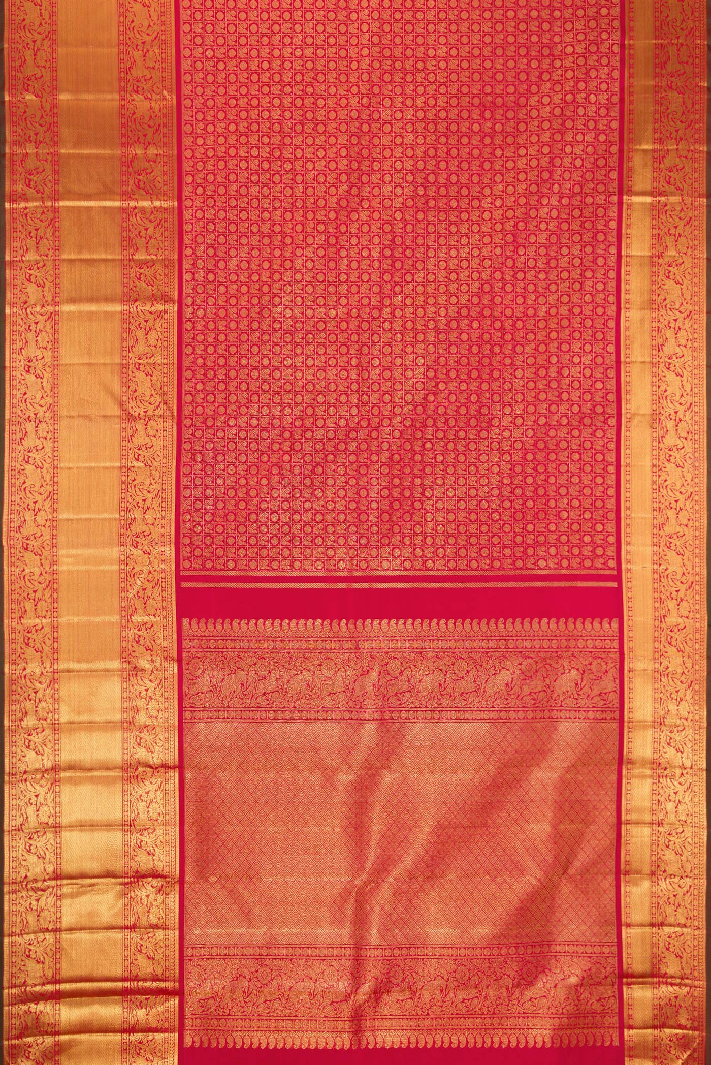 Flat view of Pure Silk Pure Zari Dark Pink Dual Tone Kanjivaram Saree with Zari Brocade on the body and Fancy Border. 