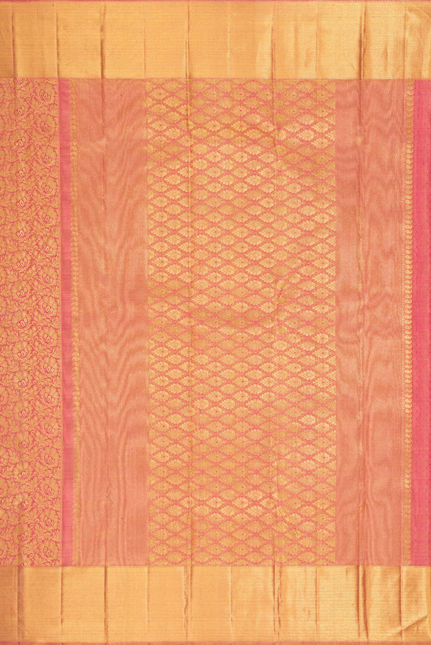 Close up image of the pallu of Pure Silk Pure Zari Rose Gold Dual Tone Kanjivaram Saree with Zari Brocade on the body and Zari Border. 