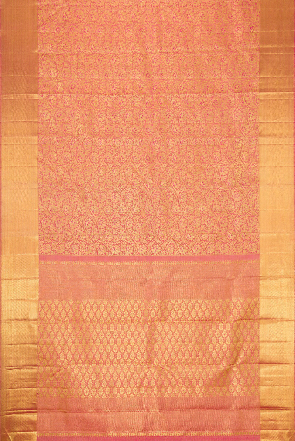 Flat view of Pure Silk Pure Zari Rose Gold Dual Tone Kanjivaram Saree with Zari Brocade on the body and Zari Border. 