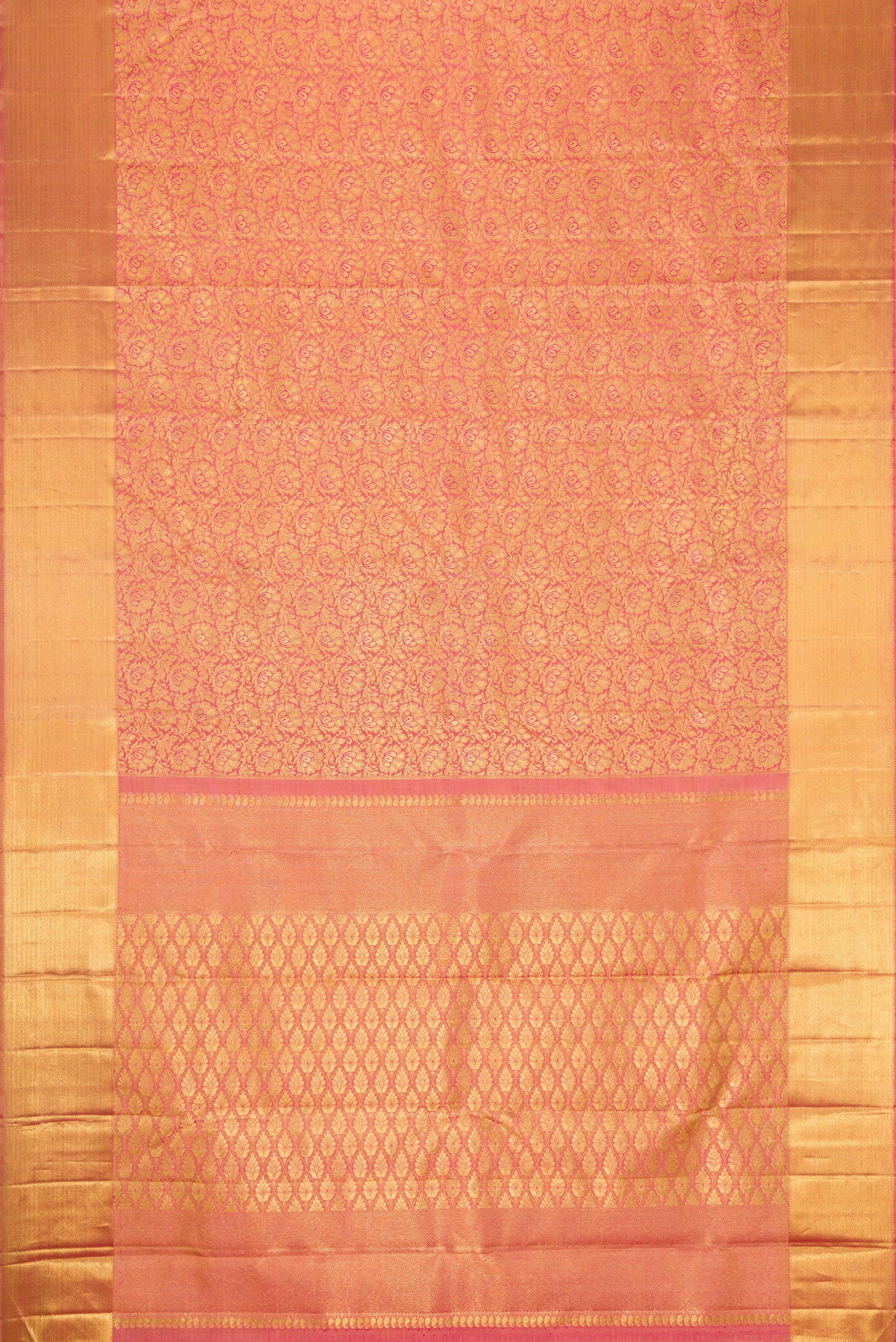 Flat view of Pure Silk Pure Zari Rose Gold Dual Tone Kanjivaram Saree with Zari Brocade on the body and Zari Border. 