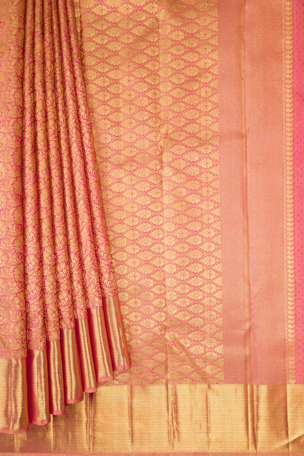 Pleats and pallu of Pure Silk Pure Zari Rose Gold Dual Tone Kanjivaram Saree with Zari Brocade on the body and Zari Border. 