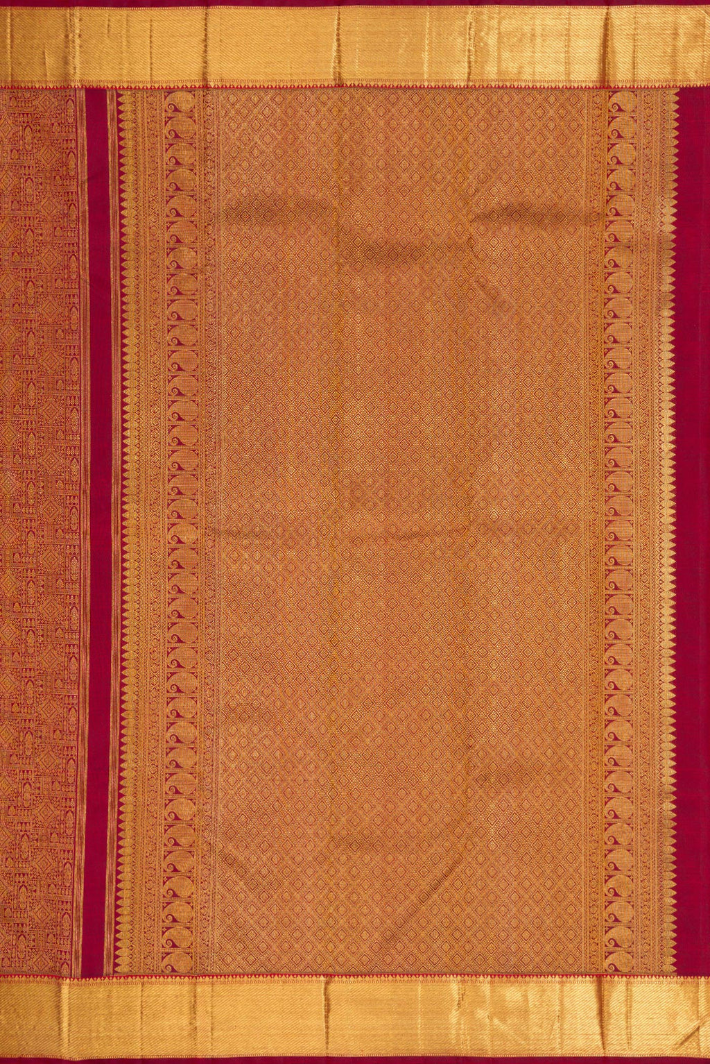 Close up image of the pallu of Pure Silk Pure Zari Maroon Dual Tone Kanjivaram Saree with Zari Brocade on the body and Zari Border. 
