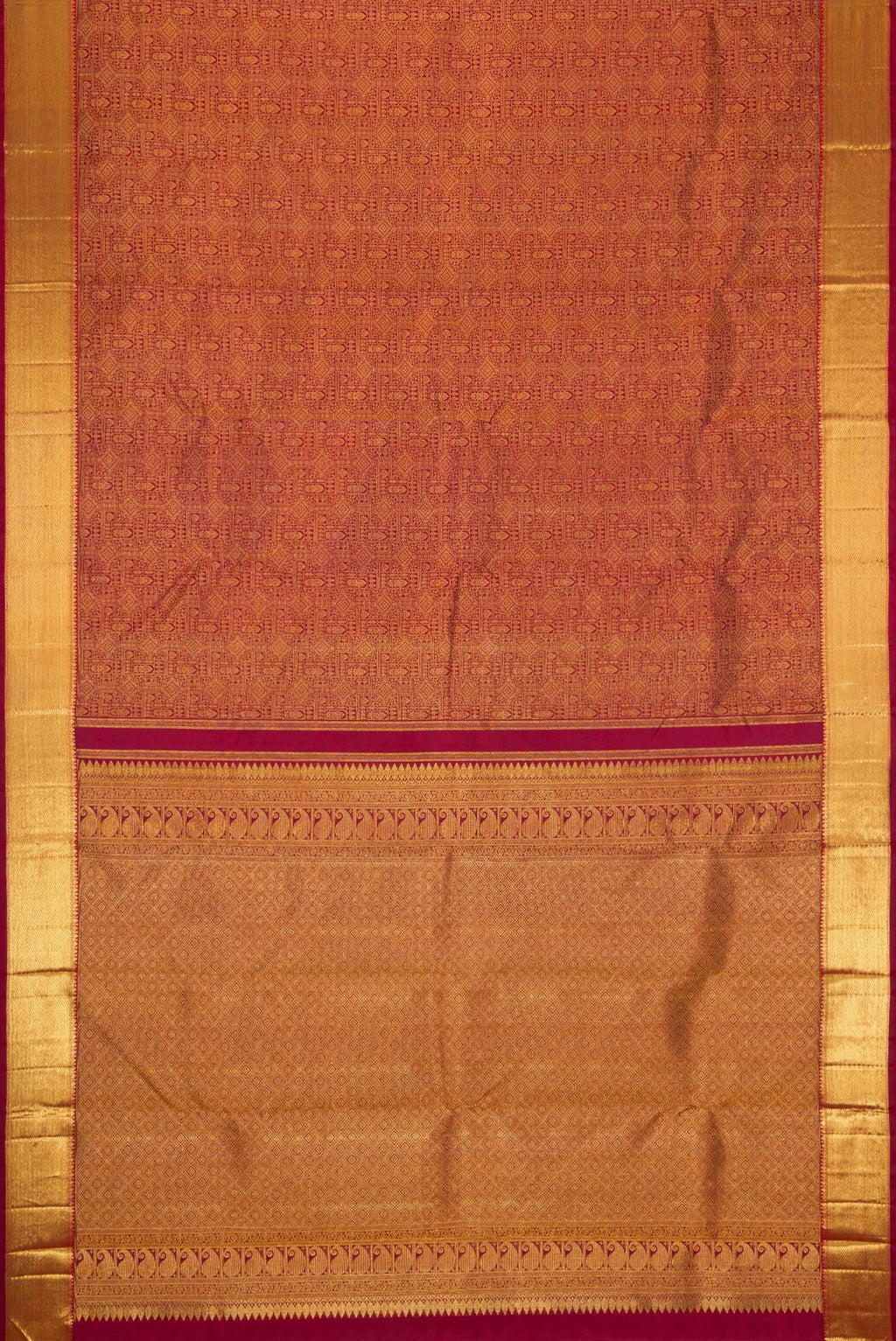 Flat view of Pure Silk Pure Zari Maroon Dual Tone Kanjivaram Saree with Zari Brocade on the body and Zari Border. 