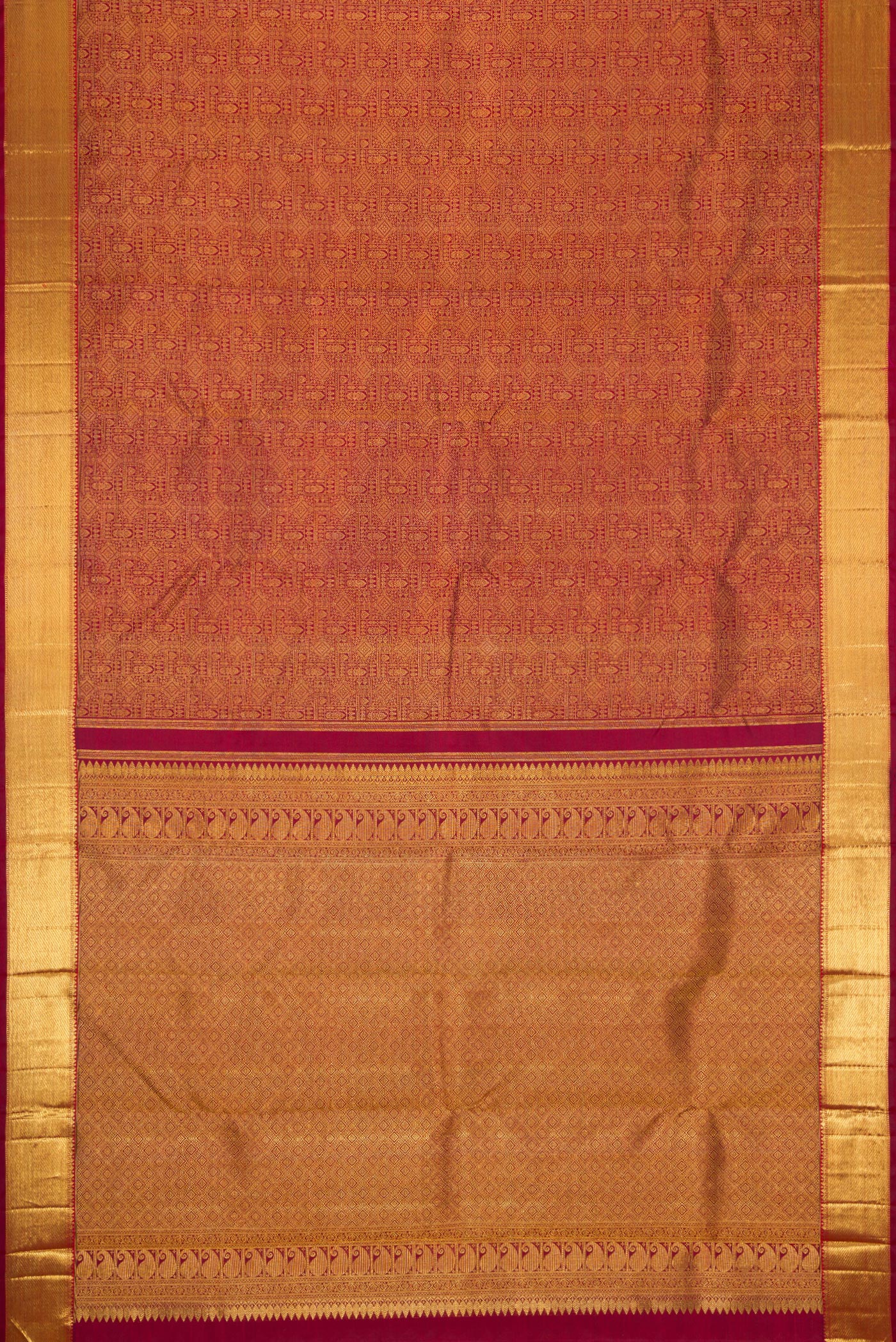 Flat view of Pure Silk Pure Zari Maroon Dual Tone Kanjivaram Saree with Zari Brocade on the body and Zari Border. 