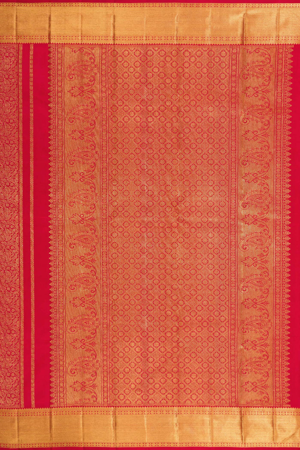 Close up image of the pallu of Pure Silk Pure Zari Red Dual Tone Kanjivaram Saree with Zari Brocade on the body and Zari Border. 