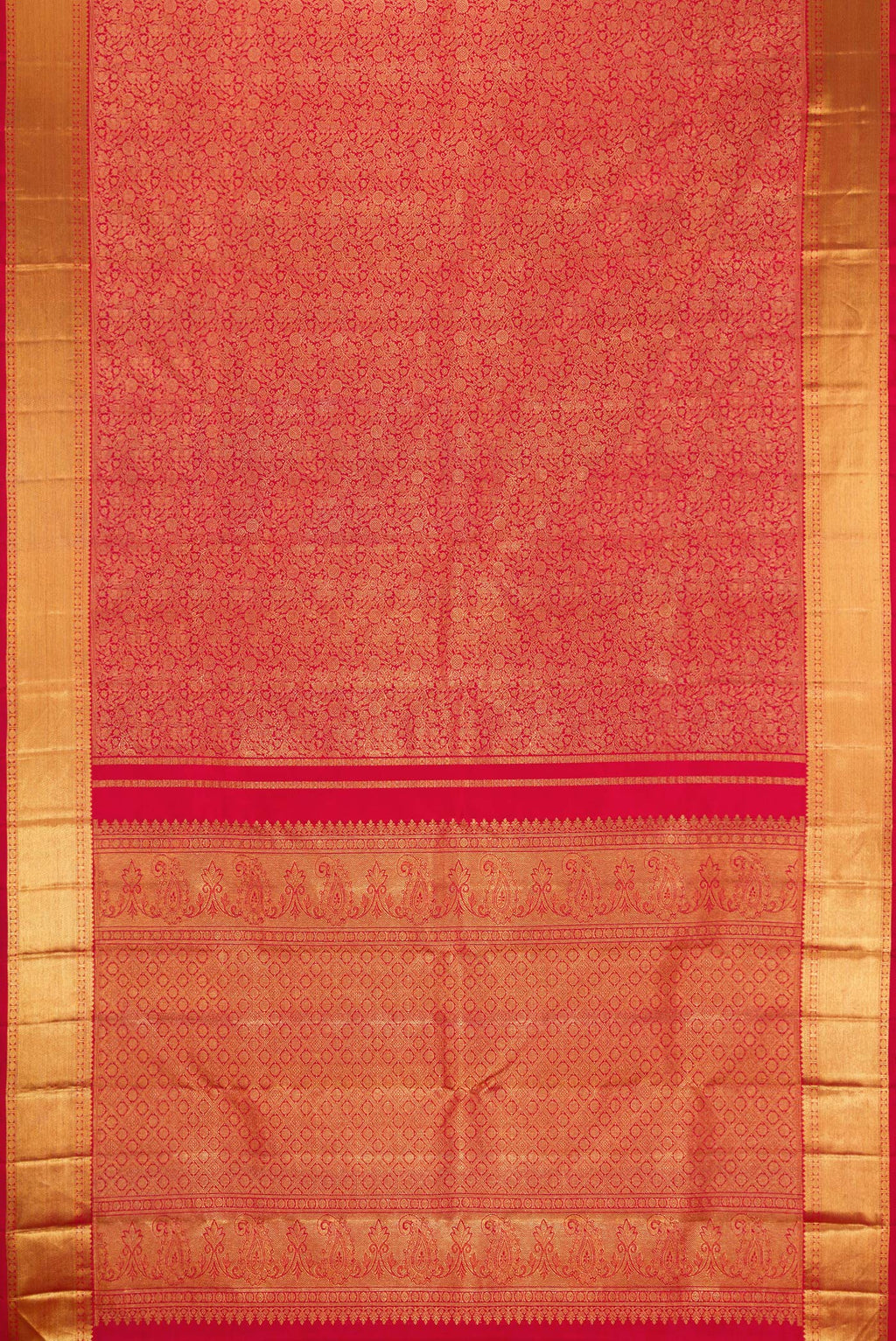 Flat view of Pure Silk Pure Zari Red Dual Tone Kanjivaram Saree with Zari Brocade on the body and Zari Border. 