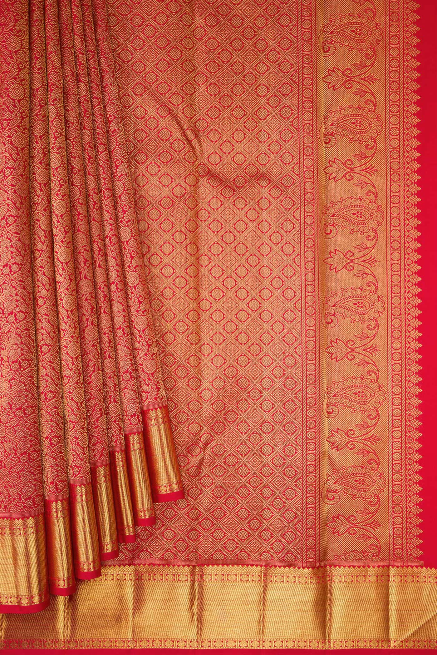 Pleats and pallu of Pure Silk Pure Zari Red Dual Tone Kanjivaram Saree with Zari Brocade on the body and Zari Border. 