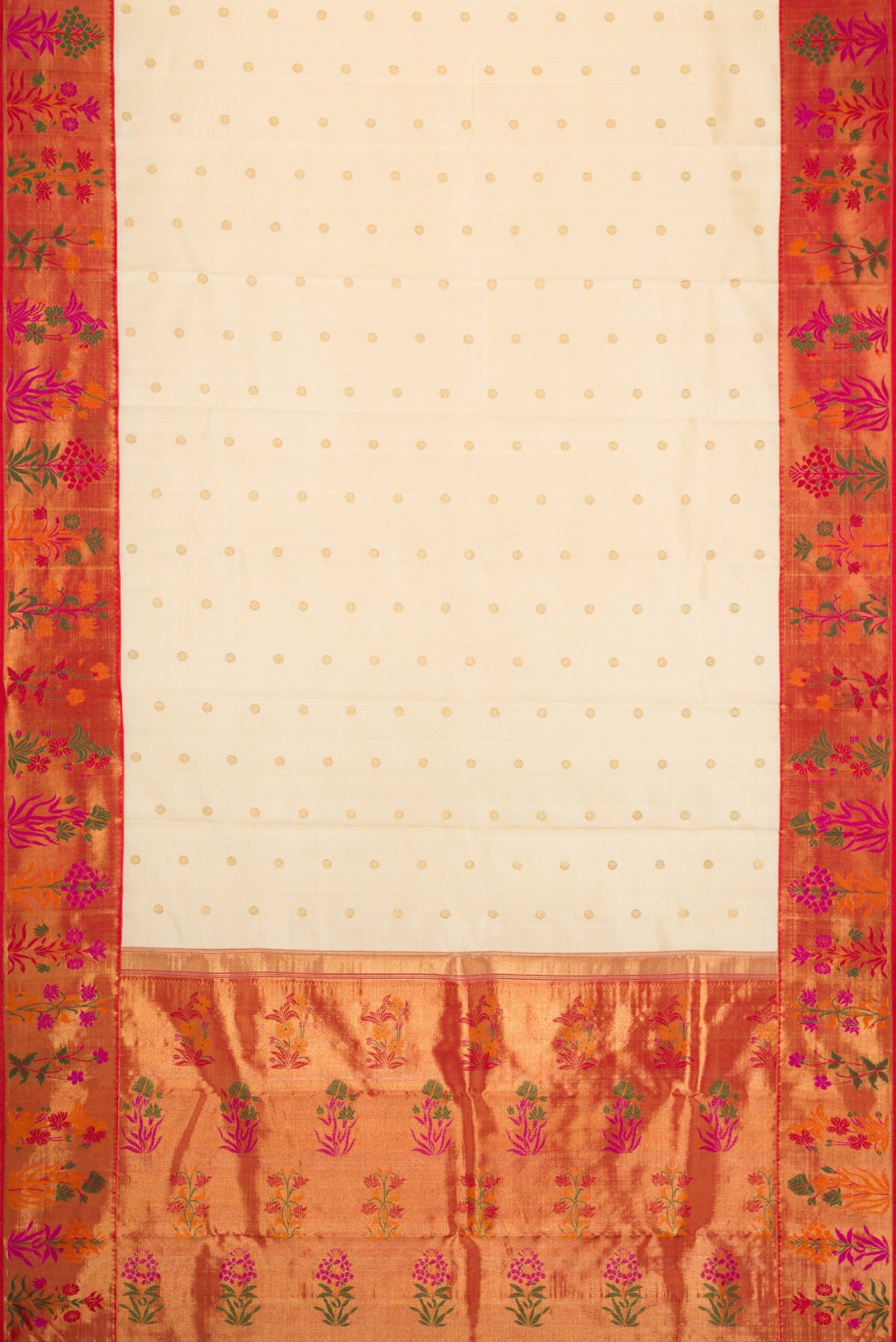 Flat view of Pure Silk Pure Zari Off White Dual Tone Kanjivaram Saree with Zari Butta on the body and Fancy Border. 