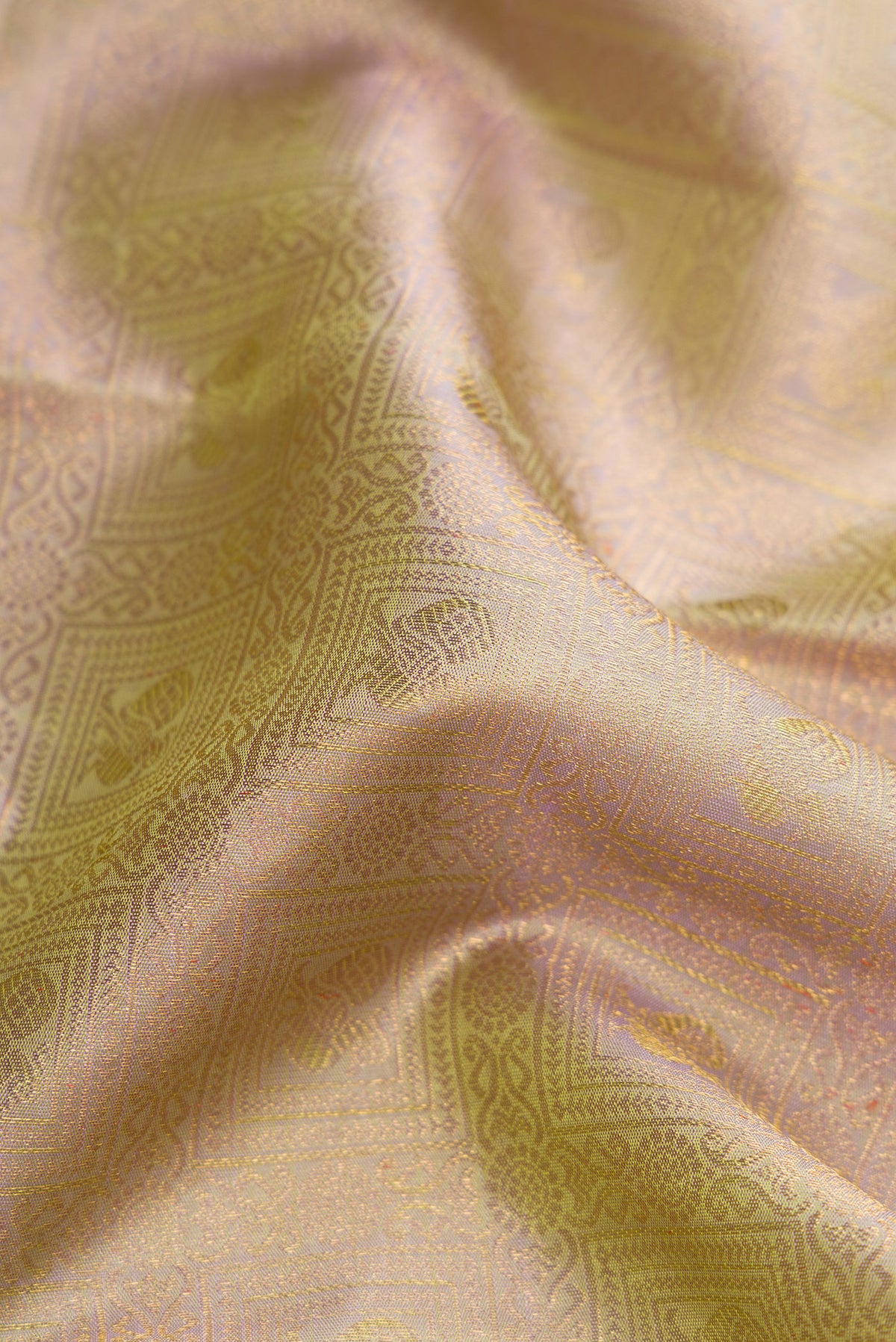 Close up of Pure Silk Pure Zari Light Green Dual Tone Kanjivaram Saree with Zari Brocade on the body and Zari Border.  displaying folds