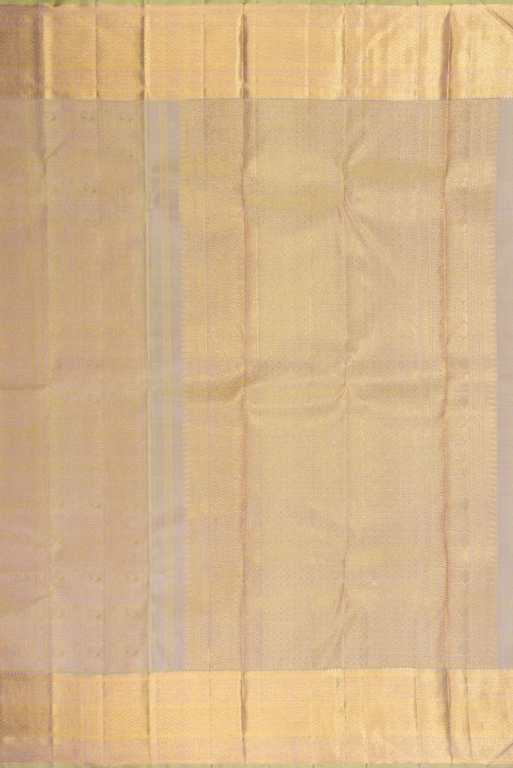 Close up image of the pallu of Pure Silk Pure Zari Light Green Dual Tone Kanjivaram Saree with Zari Brocade on the body and Zari Border. 