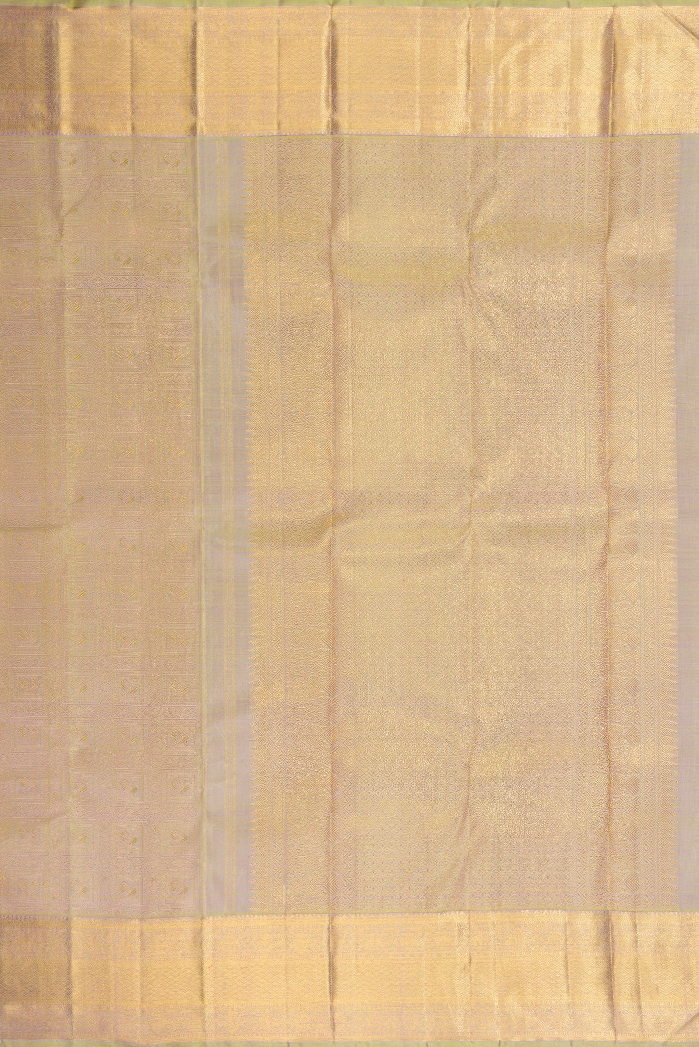 Close up image of the pallu of Pure Silk Pure Zari Light Green Dual Tone Kanjivaram Saree with Zari Brocade on the body and Zari Border. 