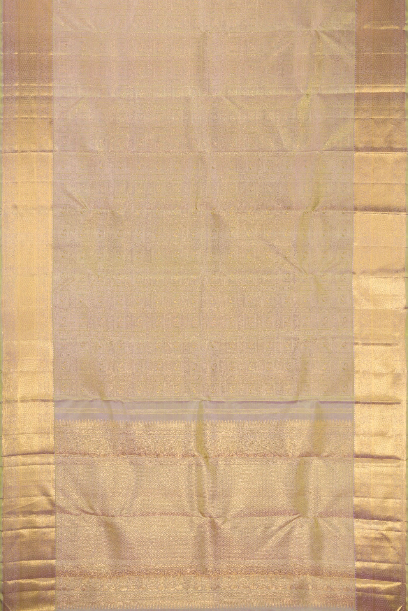 Flat view of Pure Silk Pure Zari Light Green Dual Tone Kanjivaram Saree with Zari Brocade on the body and Zari Border. 