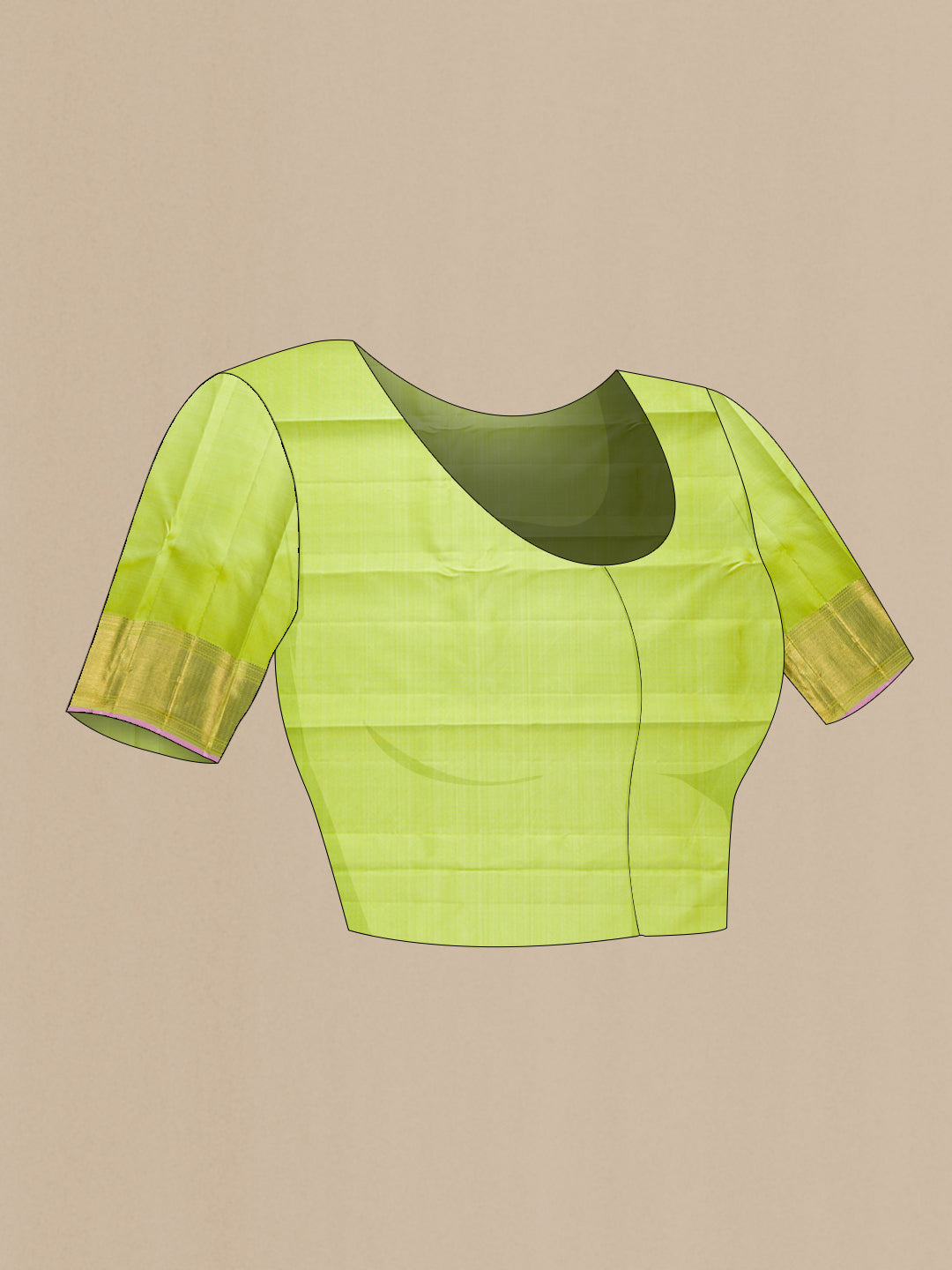 Close up image of the blouse of Pure Silk Pure Zari Light Green Dual Tone Kanjivaram Saree with Zari Brocade on the body and Zari Border. 