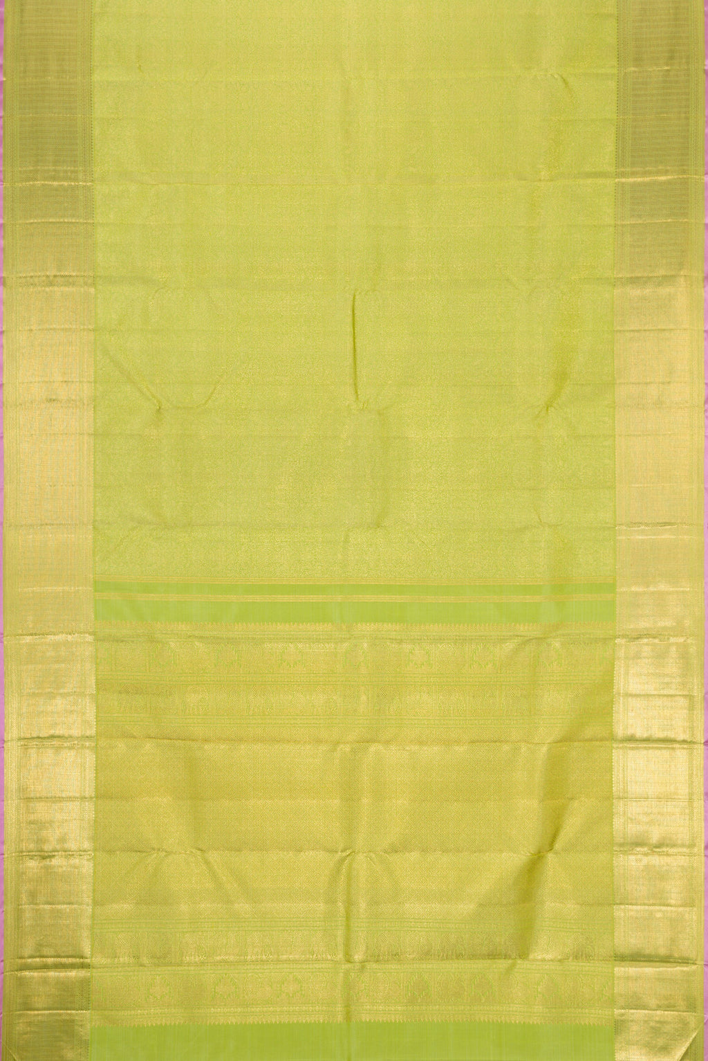 Flat view of Pure Silk Pure Zari Light Green Dual Tone Kanjivaram Saree with Zari Brocade on the body and Zari Border. 