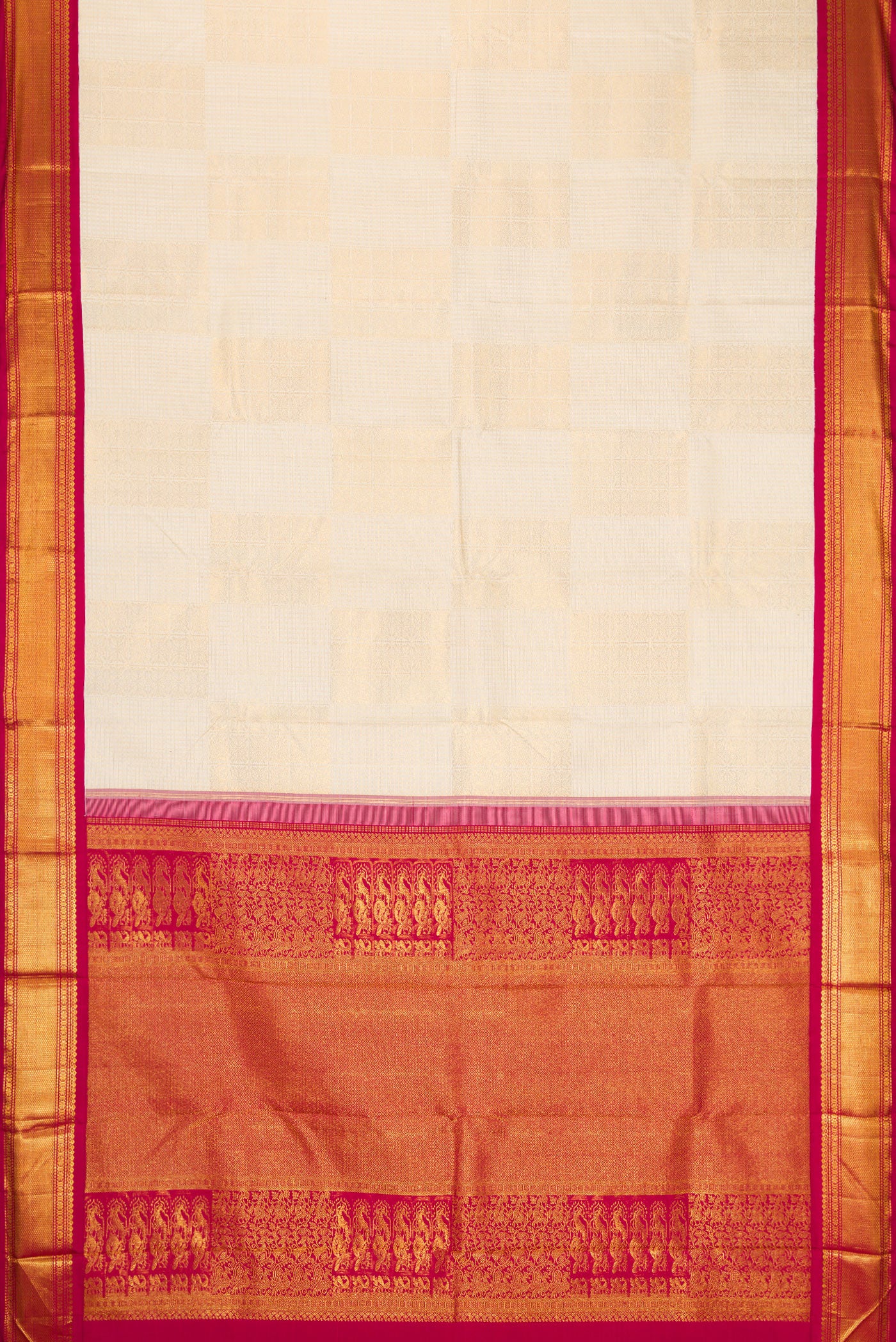 Flat view of Off White Dual Tone Kanchipuram Silk Saree with Zari Brocade on the body and Zari Border. 