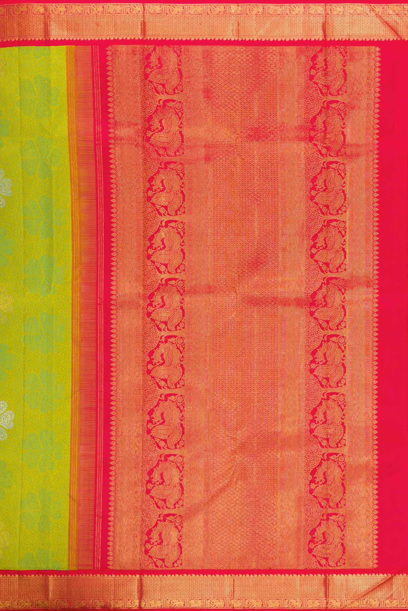 Close up image of the pallu of Pure Silk Pure Zari Parrot Green Dual Tone Kanchipuram Saree with Jacquard With Zari Butta on the body and Zari Border. 
