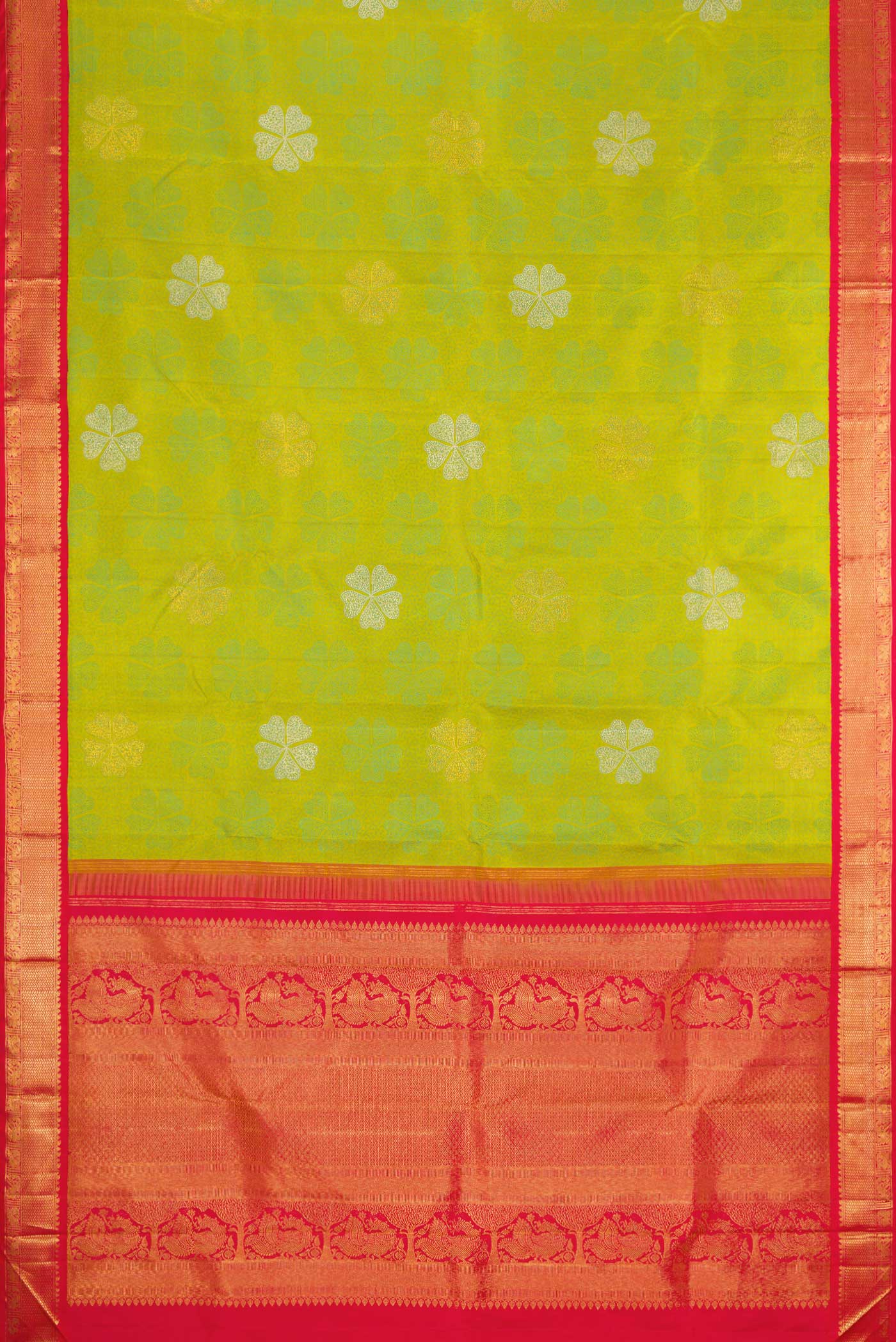 Flat view of Pure Silk Pure Zari Parrot Green Dual Tone Kanchipuram Saree with Jacquard With Zari Butta on the body and Zari Border. 