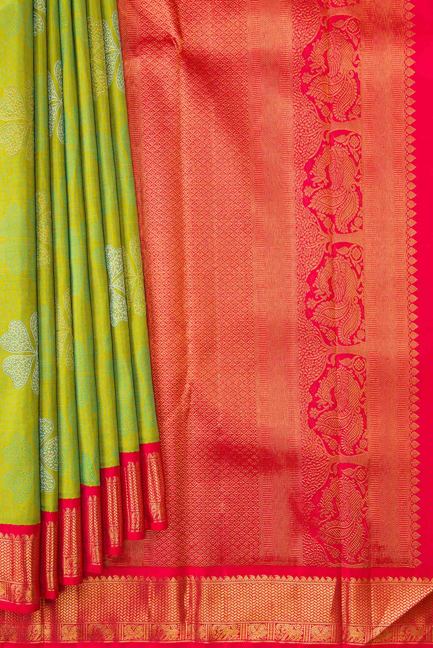 Pleats and pallu of Pure Silk Pure Zari Parrot Green Dual Tone Kanchipuram Saree with Jacquard With Zari Butta on the body and Zari Border. 