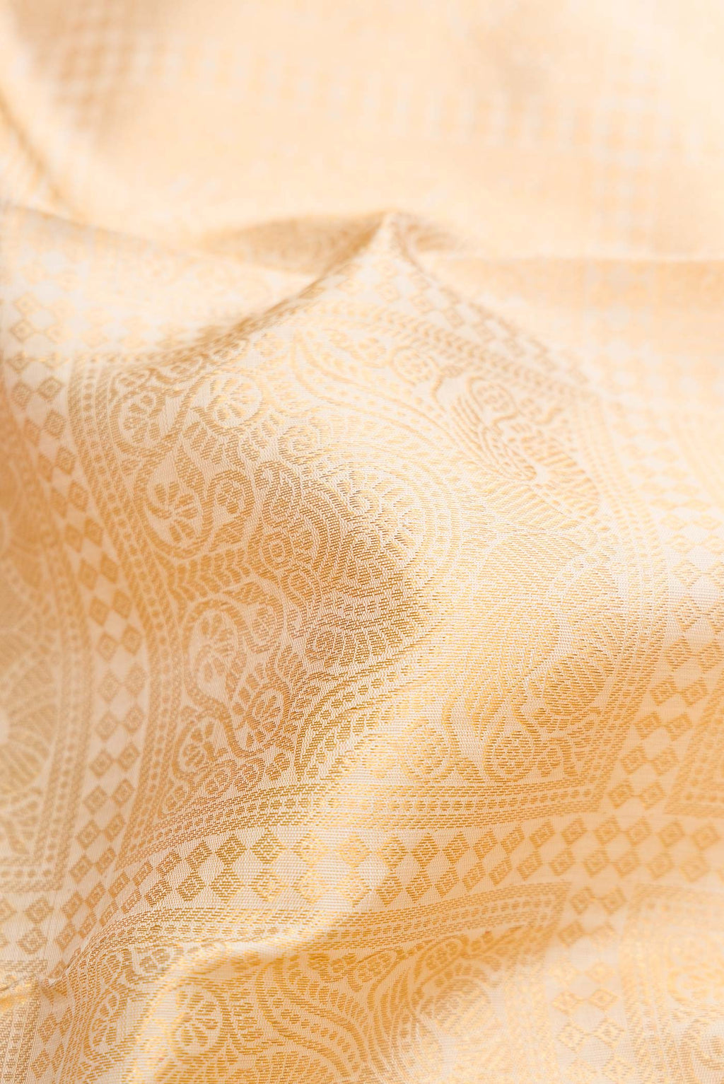 Close up of Off White Dual Tone Kanchipuram Silk Saree with Zari Brocade on the body and Zari Border.  displaying folds