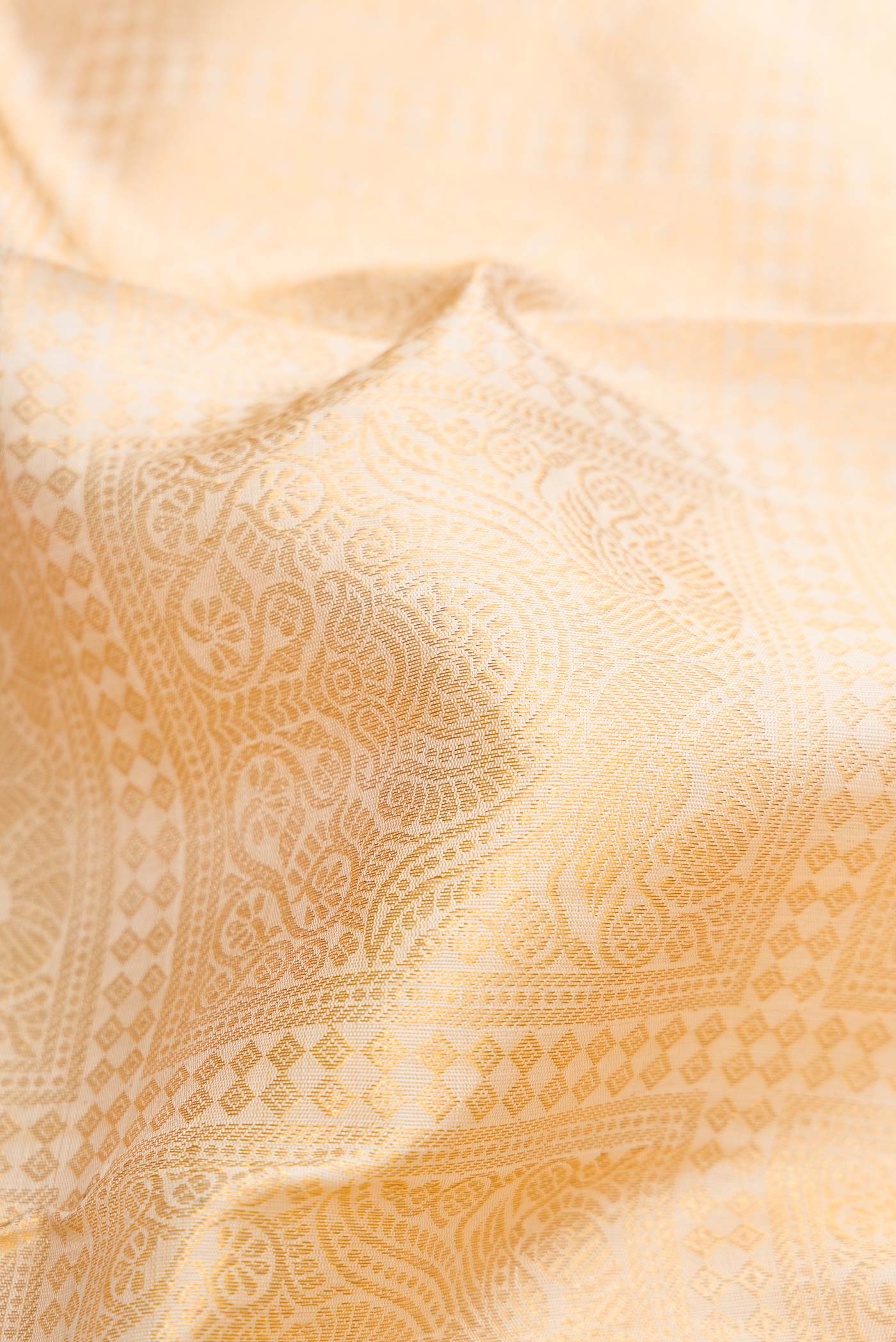 Close up of Off White Dual Tone Kanchipuram Silk Saree with Zari Brocade on the body and Zari Border.  displaying folds