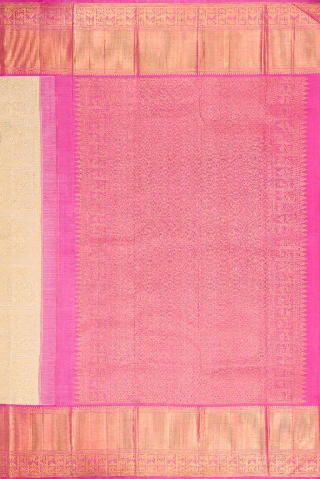 Close up image of the pallu of Off White Dual Tone Kanchipuram Silk Saree with Zari Brocade on the body and Zari Border. 