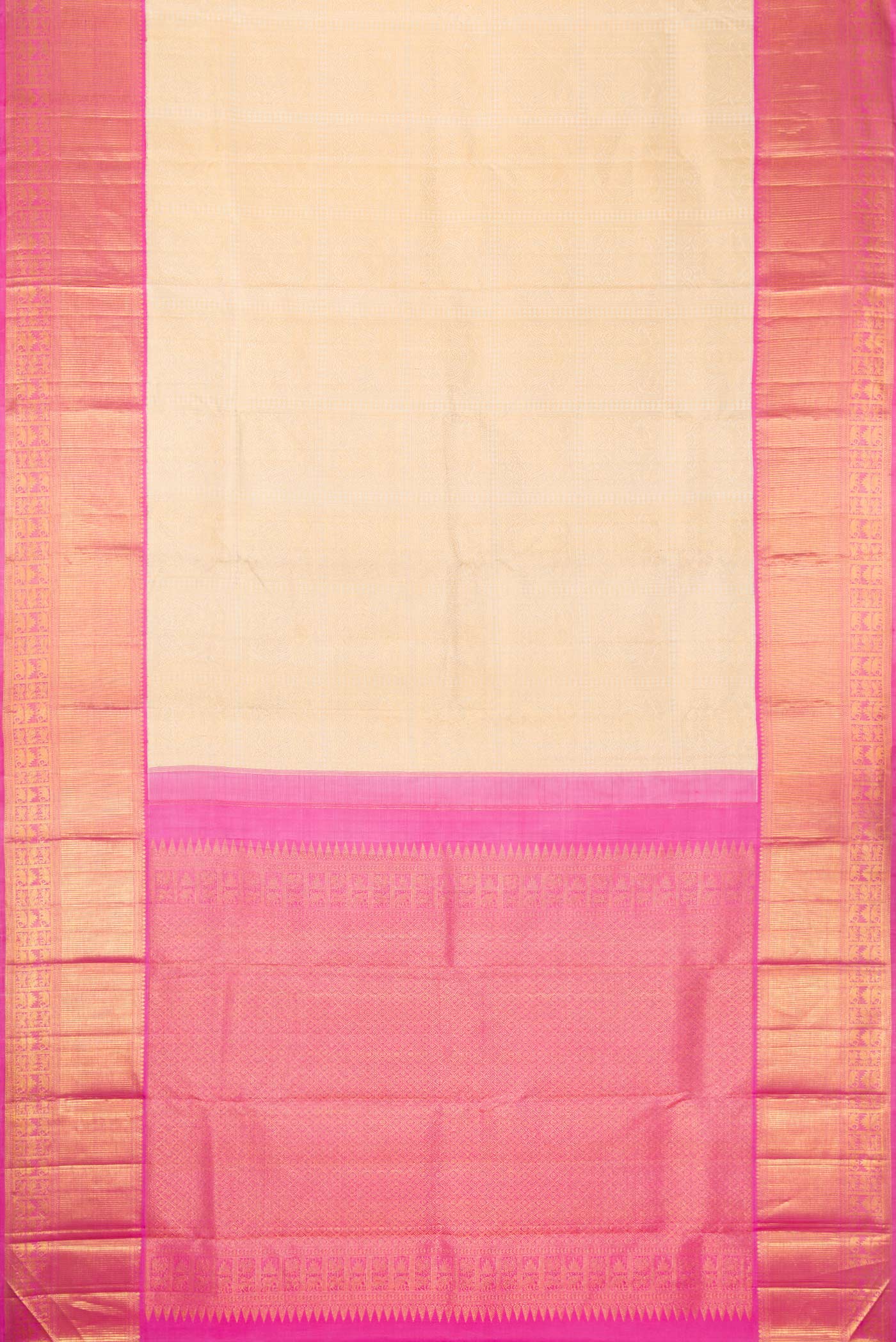 Flat view of Off White Dual Tone Kanchipuram Silk Saree with Zari Brocade on the body and Zari Border. 