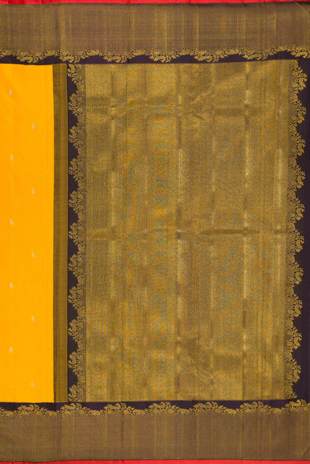 Close up image of the pallu of Pure Silk Pure Zari Yellow Kanjivaram Saree with Zari Butta on the body and Zari Border. 