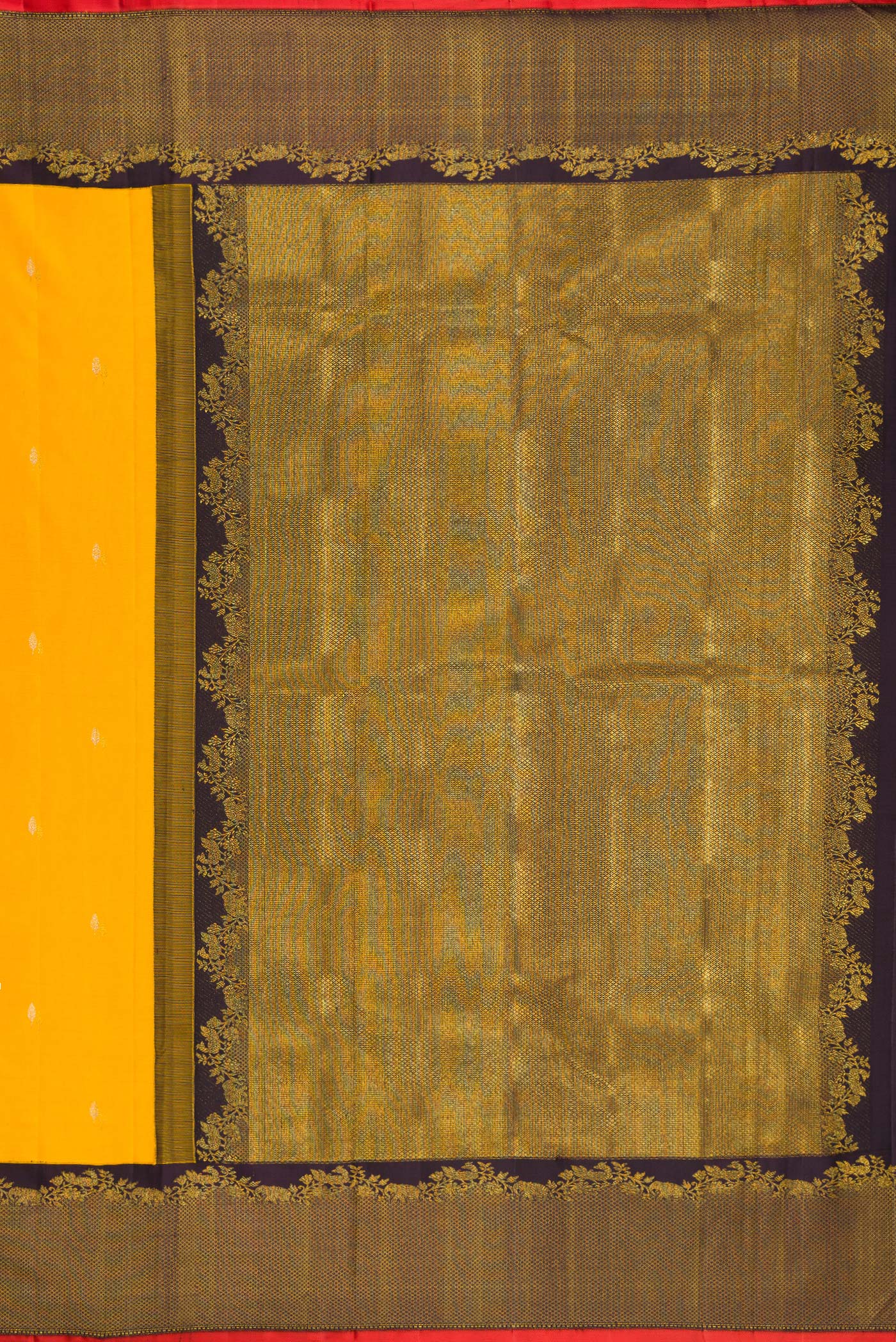 Close up image of the pallu of Pure Silk Pure Zari Yellow Kanjivaram Saree with Zari Butta on the body and Zari Border. 
