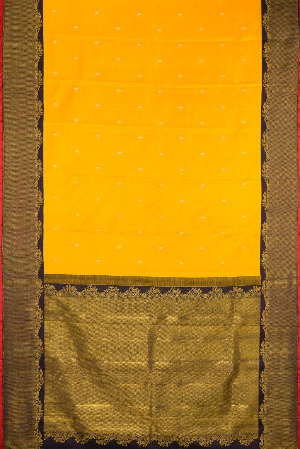 Flat view of Pure Silk Pure Zari Yellow Kanjivaram Saree with Zari Butta on the body and Zari Border. 