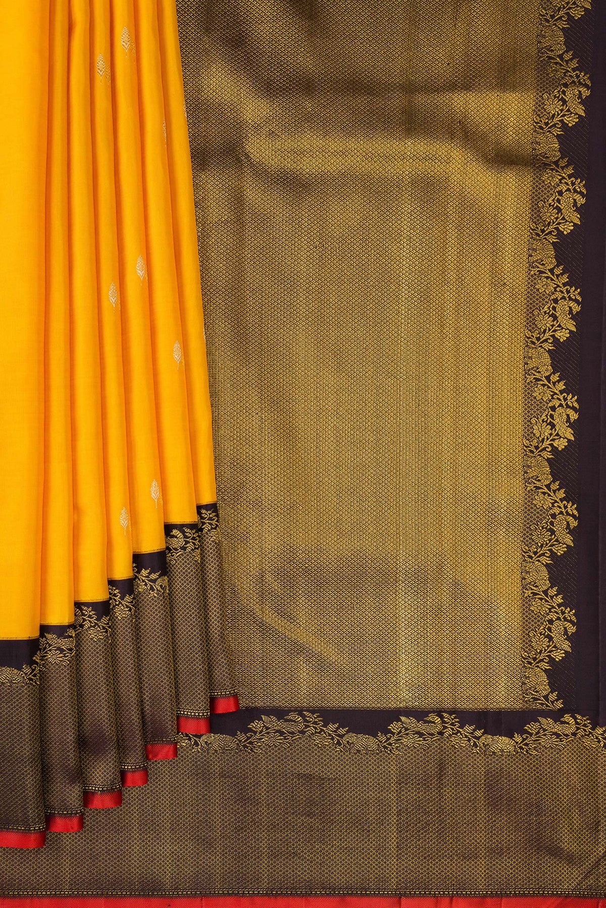 Pleats and pallu of Pure Silk Pure Zari Yellow Kanjivaram Saree with Zari Butta on the body and Zari Border. 