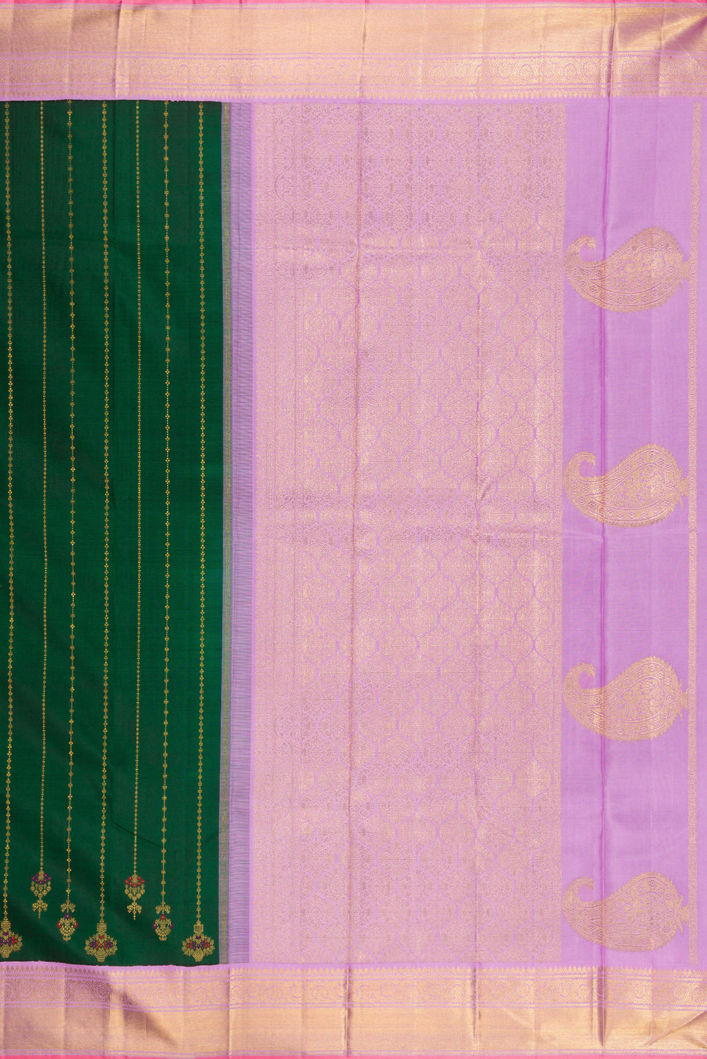 Close up image of the pallu of Pure Silk Pure Zari Bottle Green Kanjivaram Saree with Stripes on the body and Zari Border. 