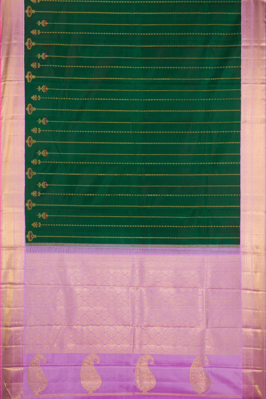 Flat view of Pure Silk Pure Zari Bottle Green Kanjivaram Saree with Stripes on the body and Zari Border. 