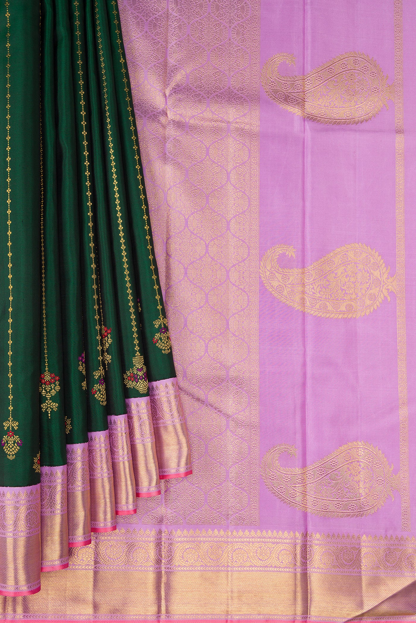 Pleats and pallu of Pure Silk Pure Zari Bottle Green Kanjivaram Saree with Stripes on the body and Zari Border. 