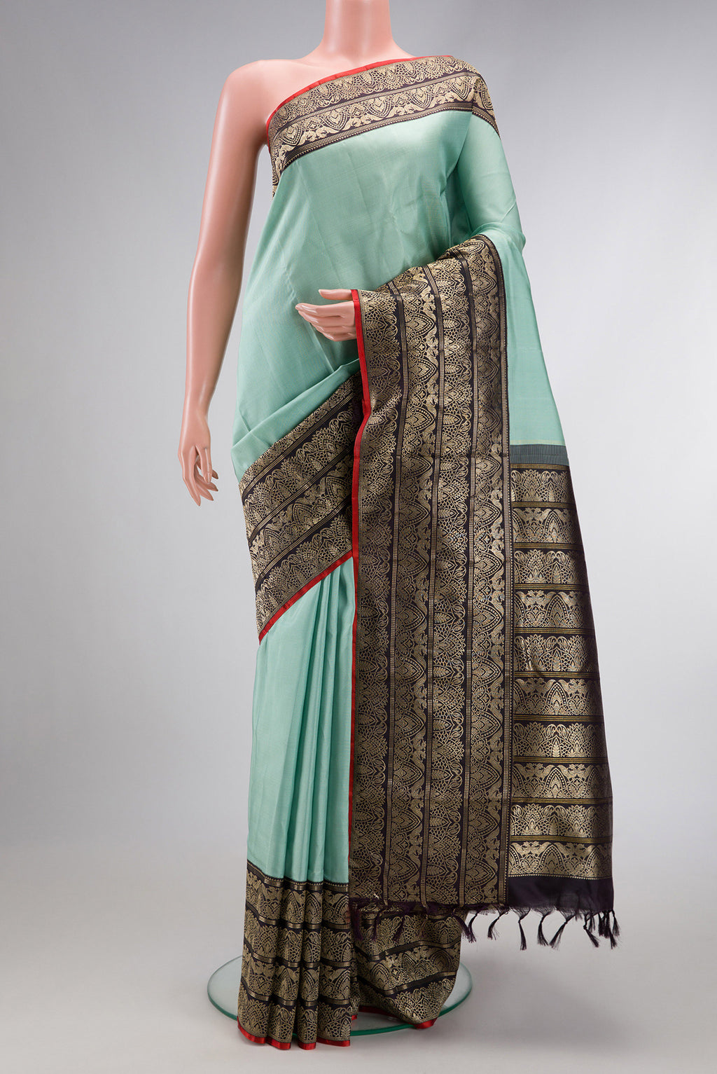 Pure Silk Pure Zari Blue Grey Dual Tone Kanchipuram Saree with Plain Body and Fancy Border.  displayed on a mannequin