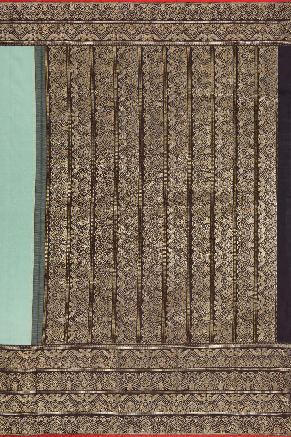 Close up image of the pallu of Pure Silk Pure Zari Blue Grey Dual Tone Kanchipuram Saree with Plain Body and Fancy Border. 