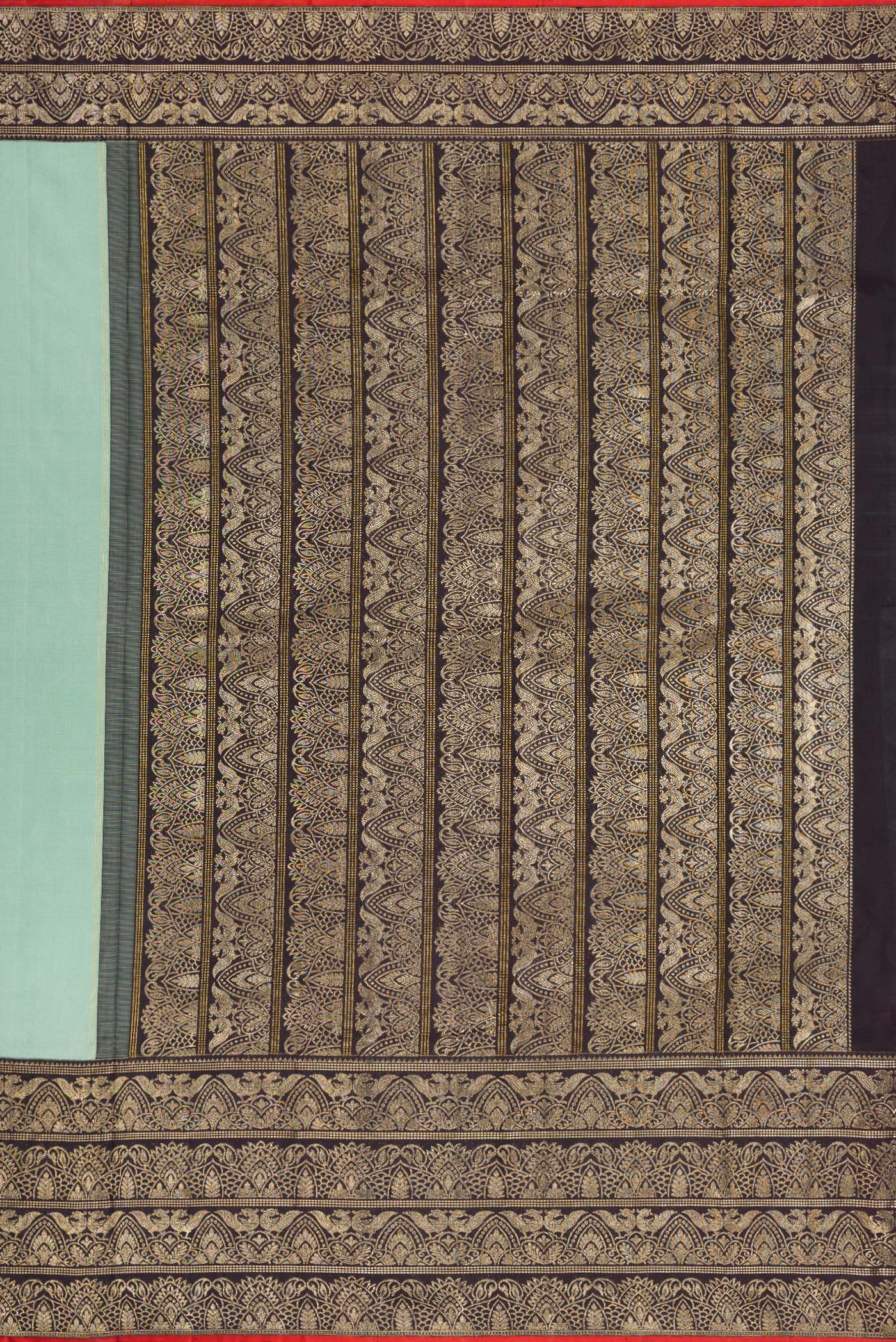 Close up image of the pallu of Pure Silk Pure Zari Blue Grey Dual Tone Kanchipuram Saree with Plain Body and Fancy Border. 
