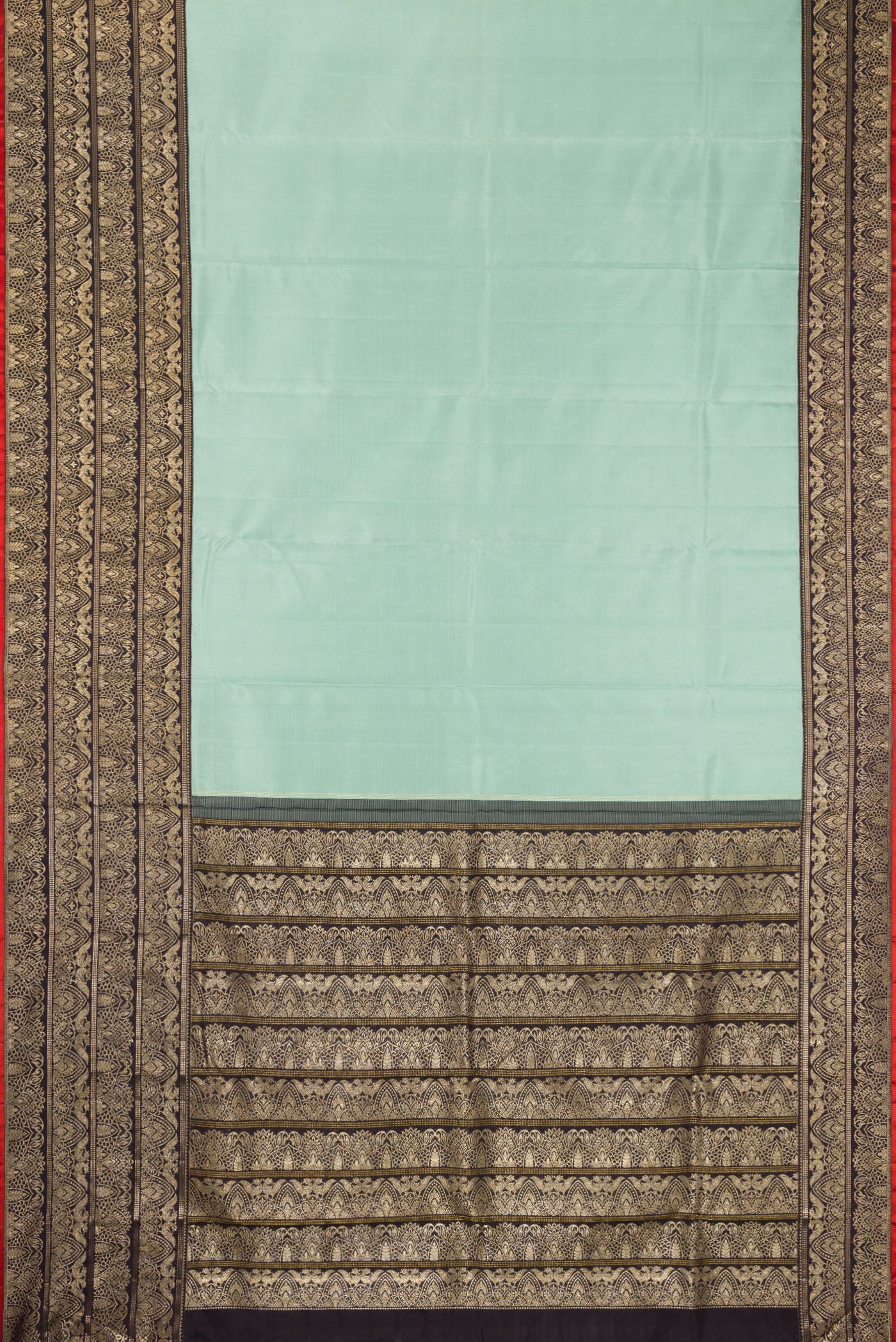 Flat view of Pure Silk Pure Zari Blue Grey Dual Tone Kanchipuram Saree with Plain Body and Fancy Border. 