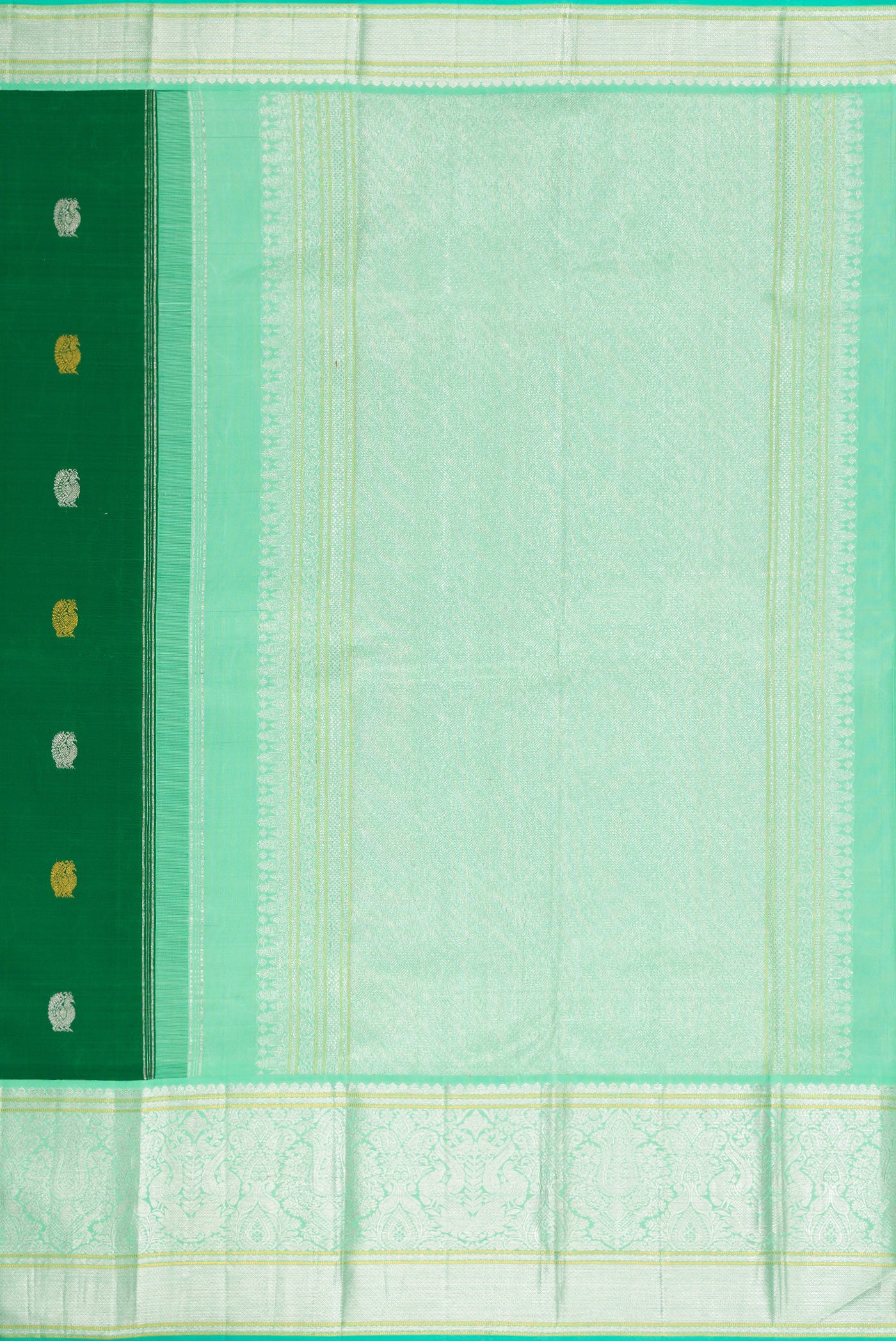 Close up image of the pallu of Pure Silk Pure Zari Green Dual Tone Kanchipuram Saree with Zari Butta on the body and Zari Border. 