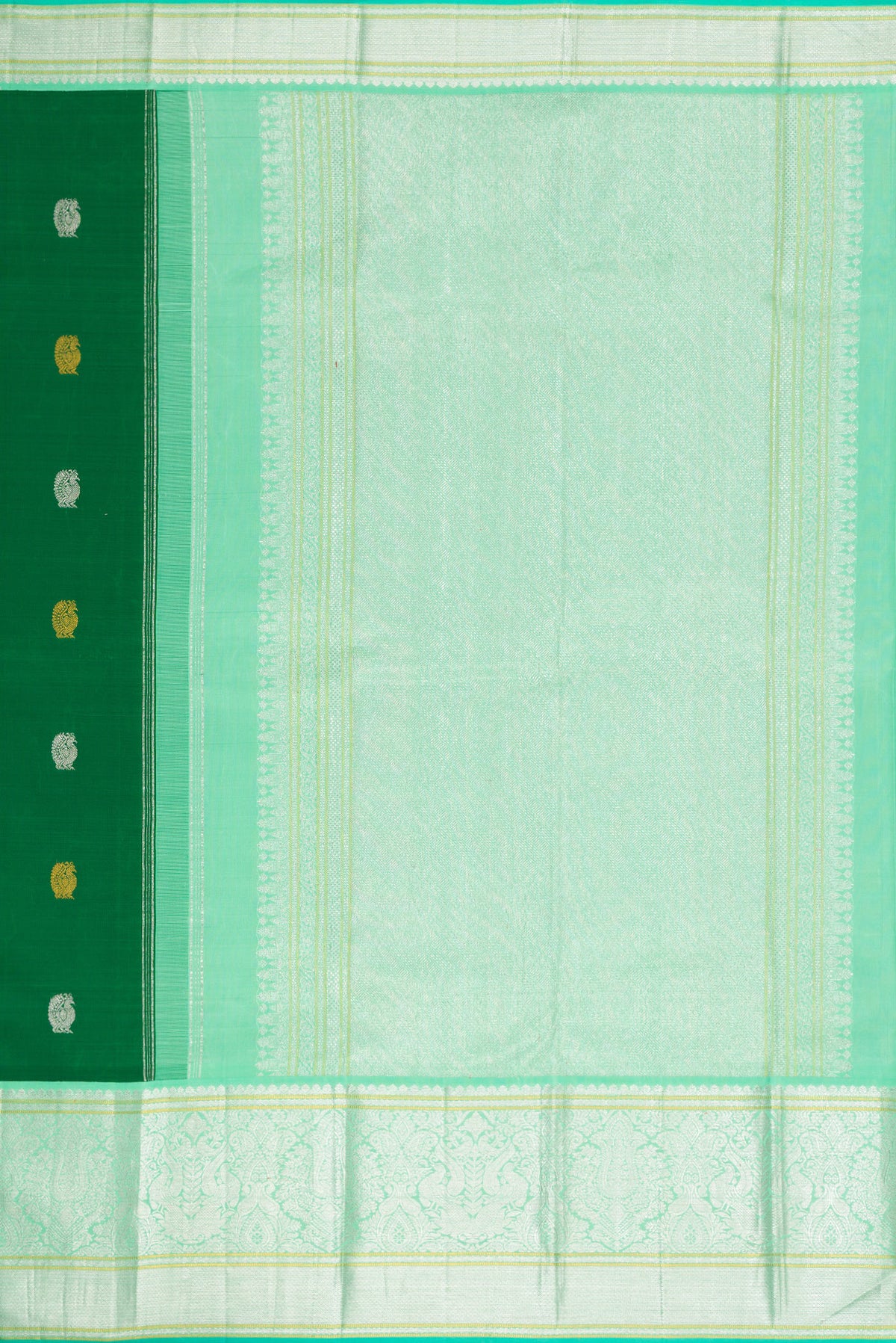 Close up image of the pallu of Pure Silk Pure Zari Green Dual Tone Kanchipuram Saree with Zari Butta on the body and Zari Border. 