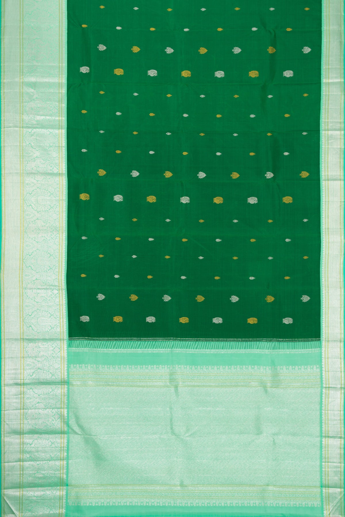 Flat view of Pure Silk Pure Zari Green Dual Tone Kanchipuram Saree with Zari Butta on the body and Zari Border. 