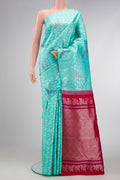 Sky Blue Dual Tone Kanchipuram Silk Saree with Zari Brocade on the body and Without Border.  displayed on a mannequin