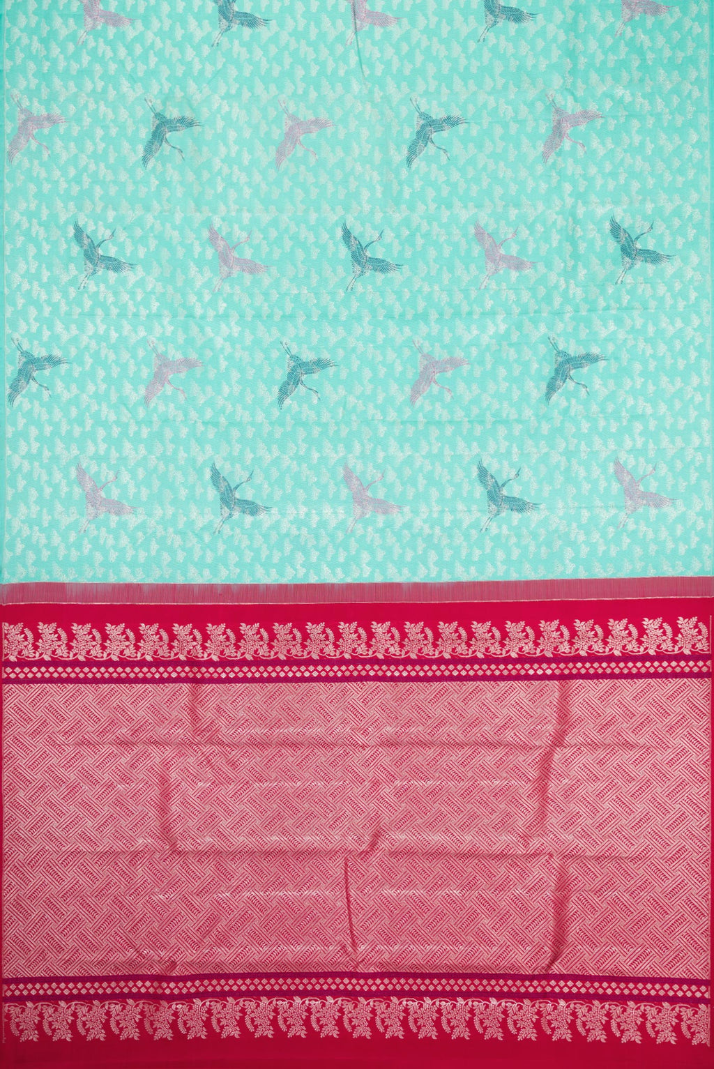Flat view of Sky Blue Dual Tone Kanchipuram Silk Saree with Zari Brocade on the body and Without Border. 
