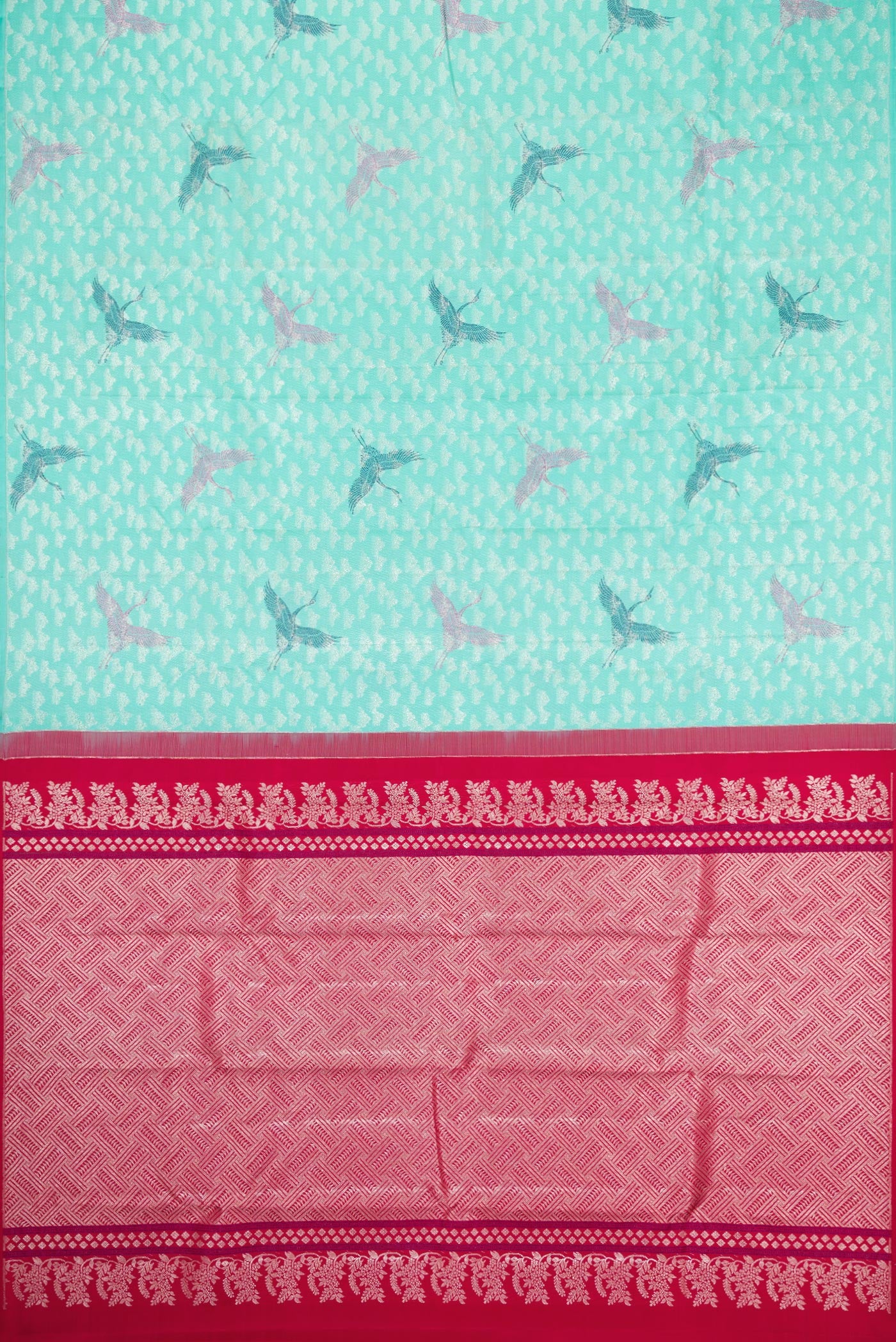 Flat view of Sky Blue Dual Tone Kanchipuram Silk Saree with Zari Brocade on the body and Without Border. 