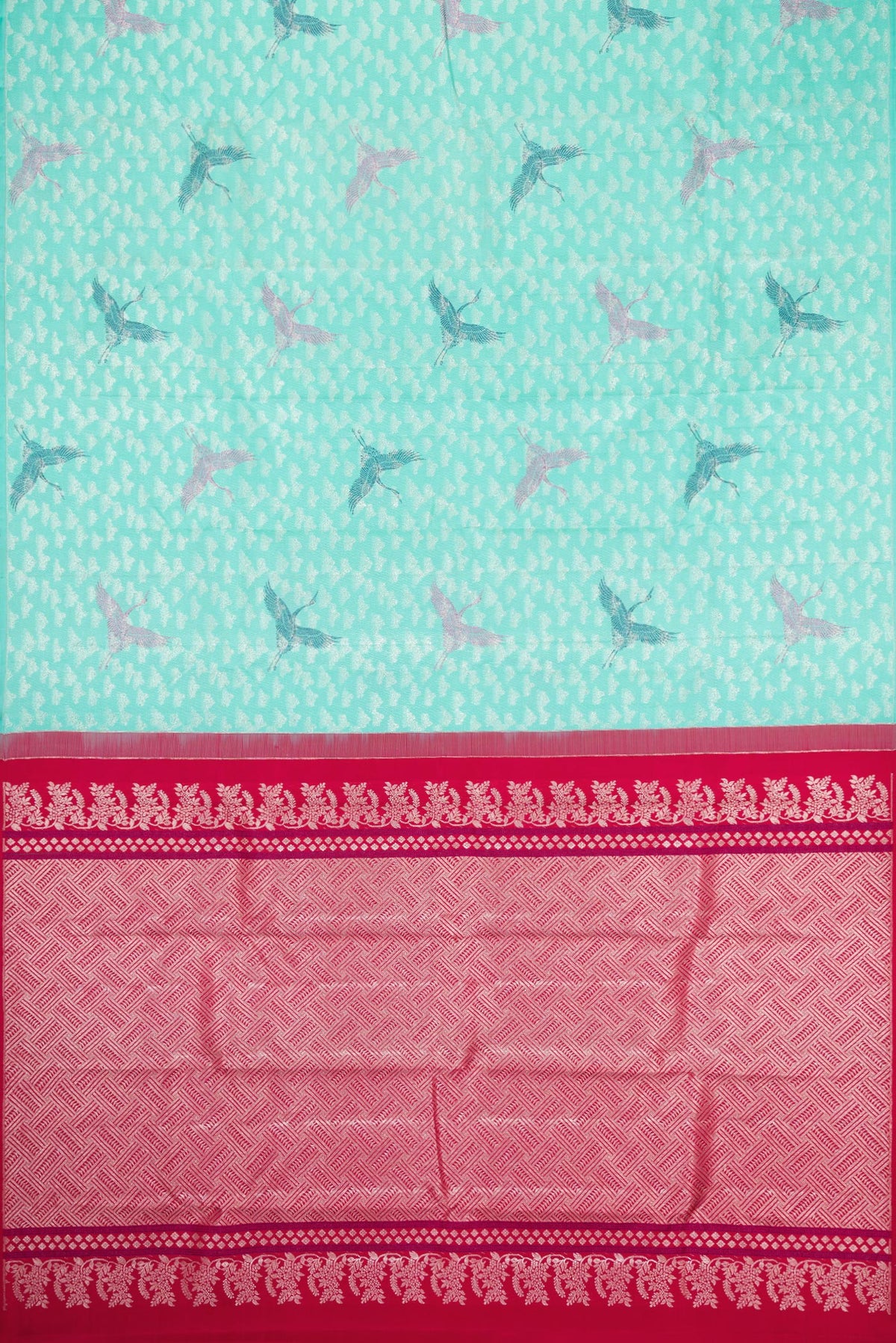 Flat view of Sky Blue Dual Tone Kanchipuram Silk Saree with Zari Brocade on the body and Without Border. 