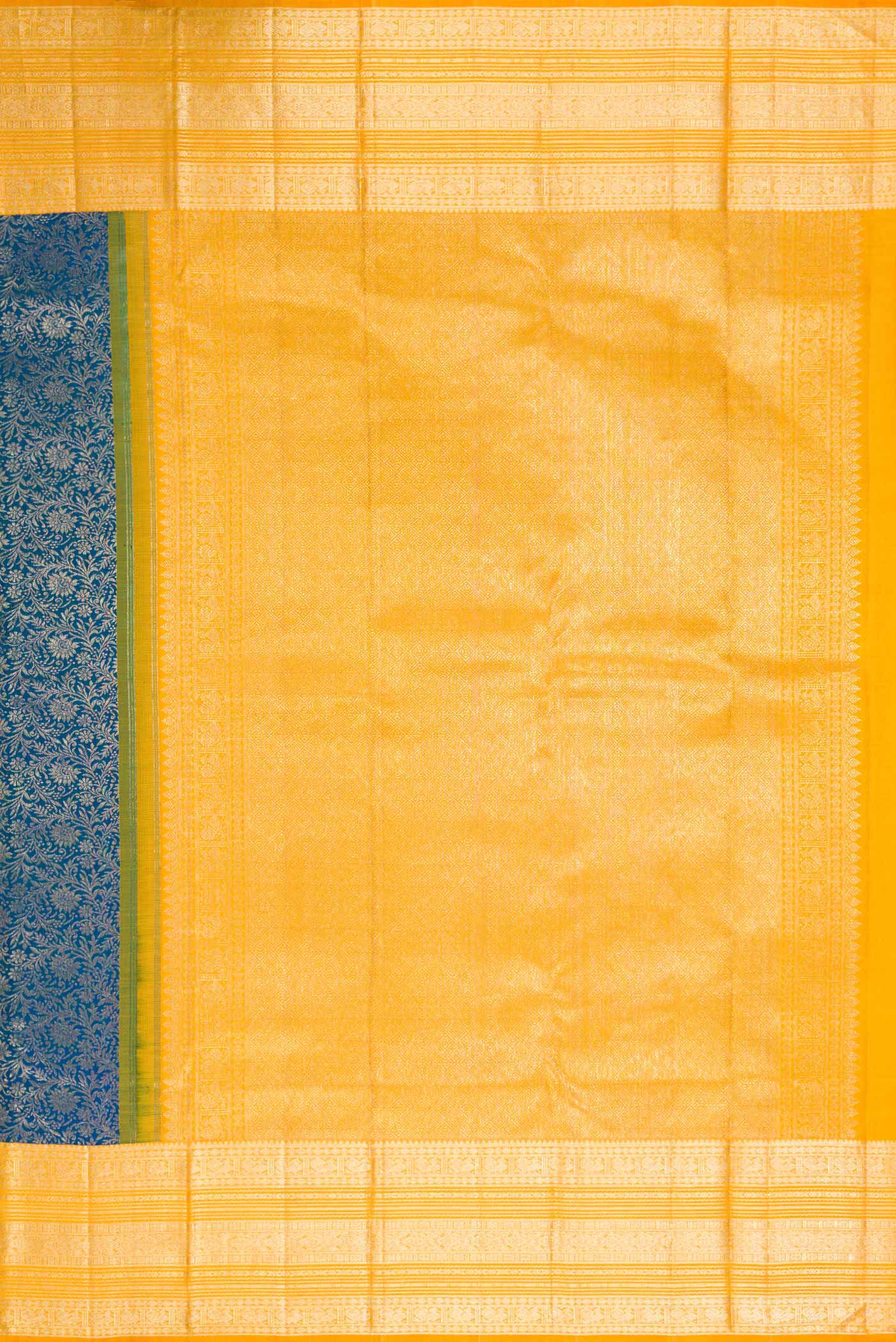 Close up image of the pallu of Peacock Blue Dual Tone Kanchipuram Silk Saree with Zari Brocade on the body and Zari Border. 