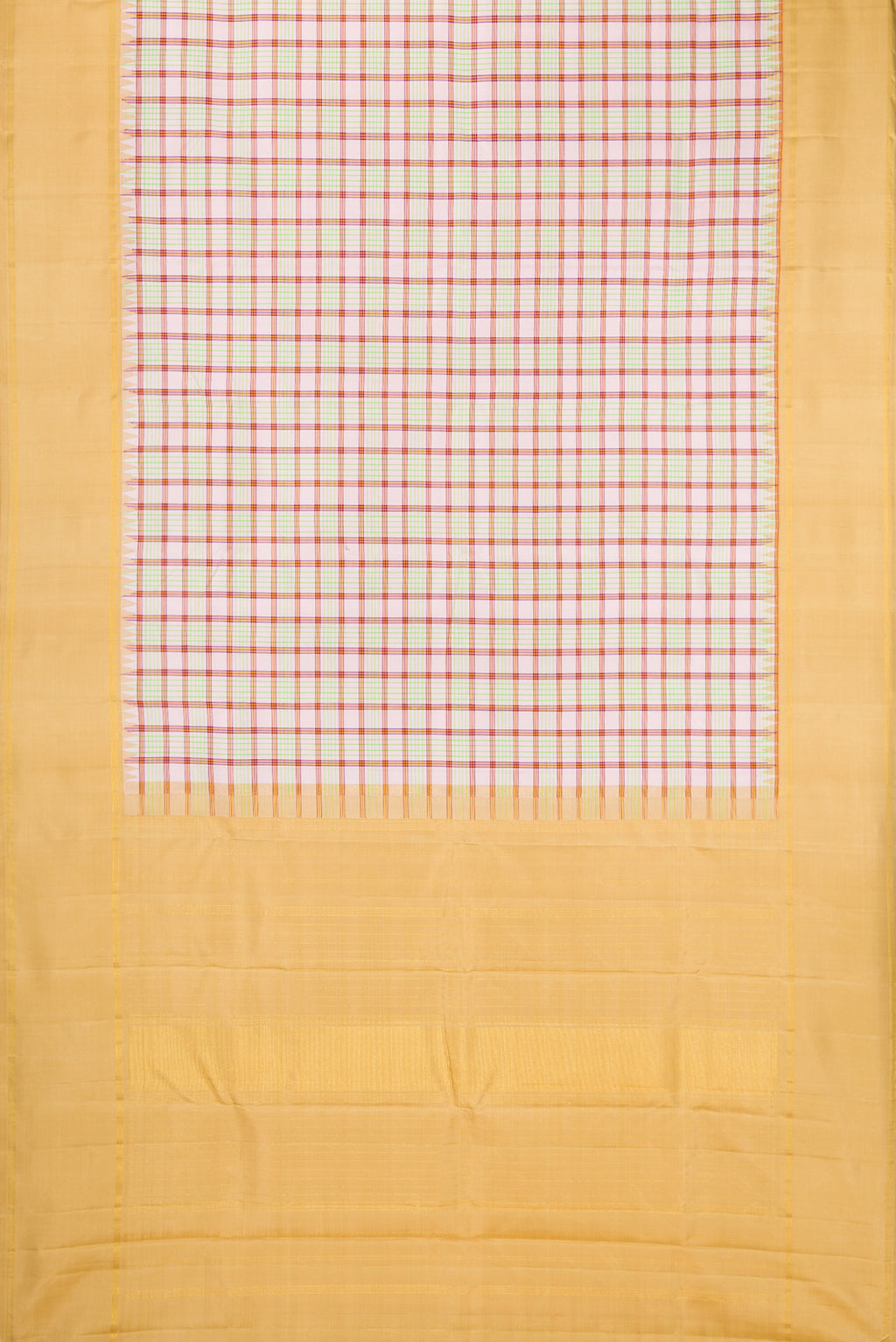 Flat view of Pink Kanchipuram Silk Saree with Checked design on the body and Zari Border. 