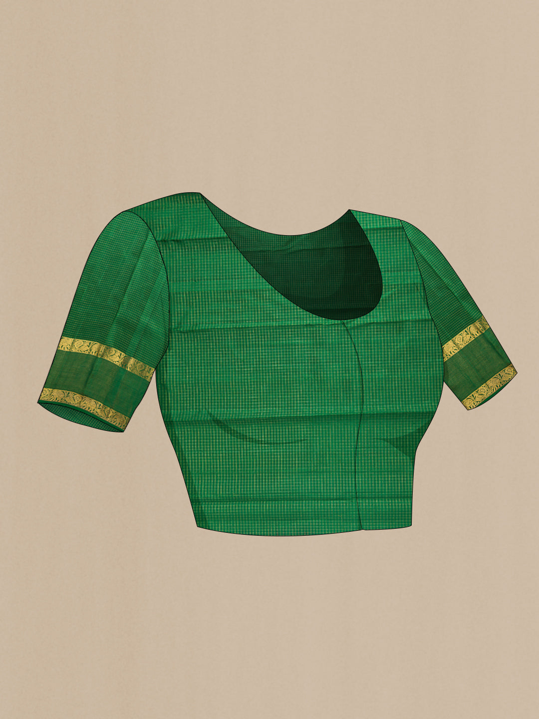 Close up image of the blouse of Pink Dual Tone Kanchipuram Silk Saree with Checked design on the body and Zari Border. 