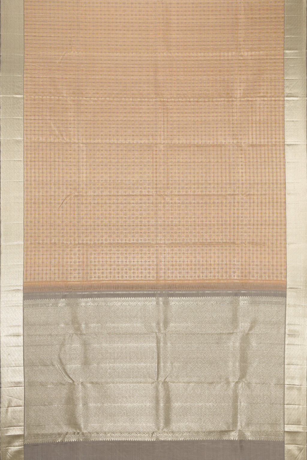 Flat view of Gold Dual Tone Kanjivaram Silk Saree with Checked design on the body and Zari Border. 