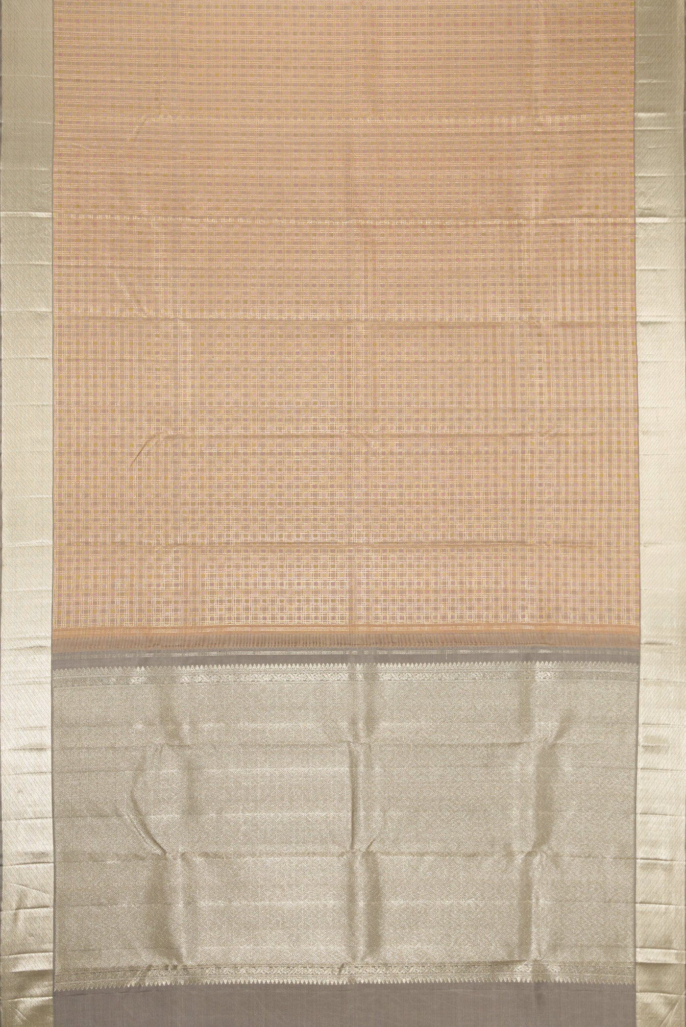 Flat view of Gold Dual Tone Kanjivaram Silk Saree with Checked design on the body and Zari Border. 